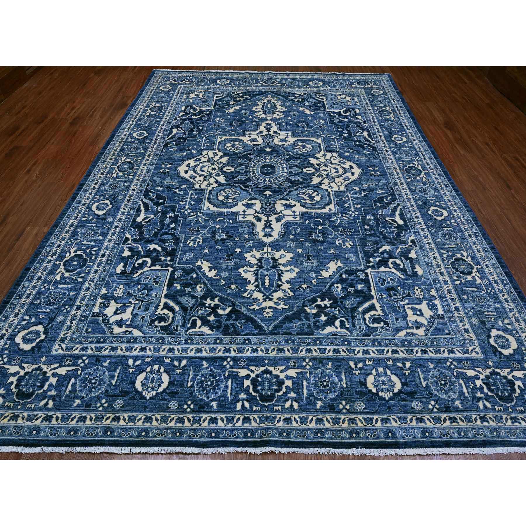 8'9"x11'10" Denim Blue, Peshawar with Serapi Heriz Revival, High Mountain Ghazni Wool, Soft Pile, Hand Knotted, Denser Weave, Oriental Rug Sh20153
