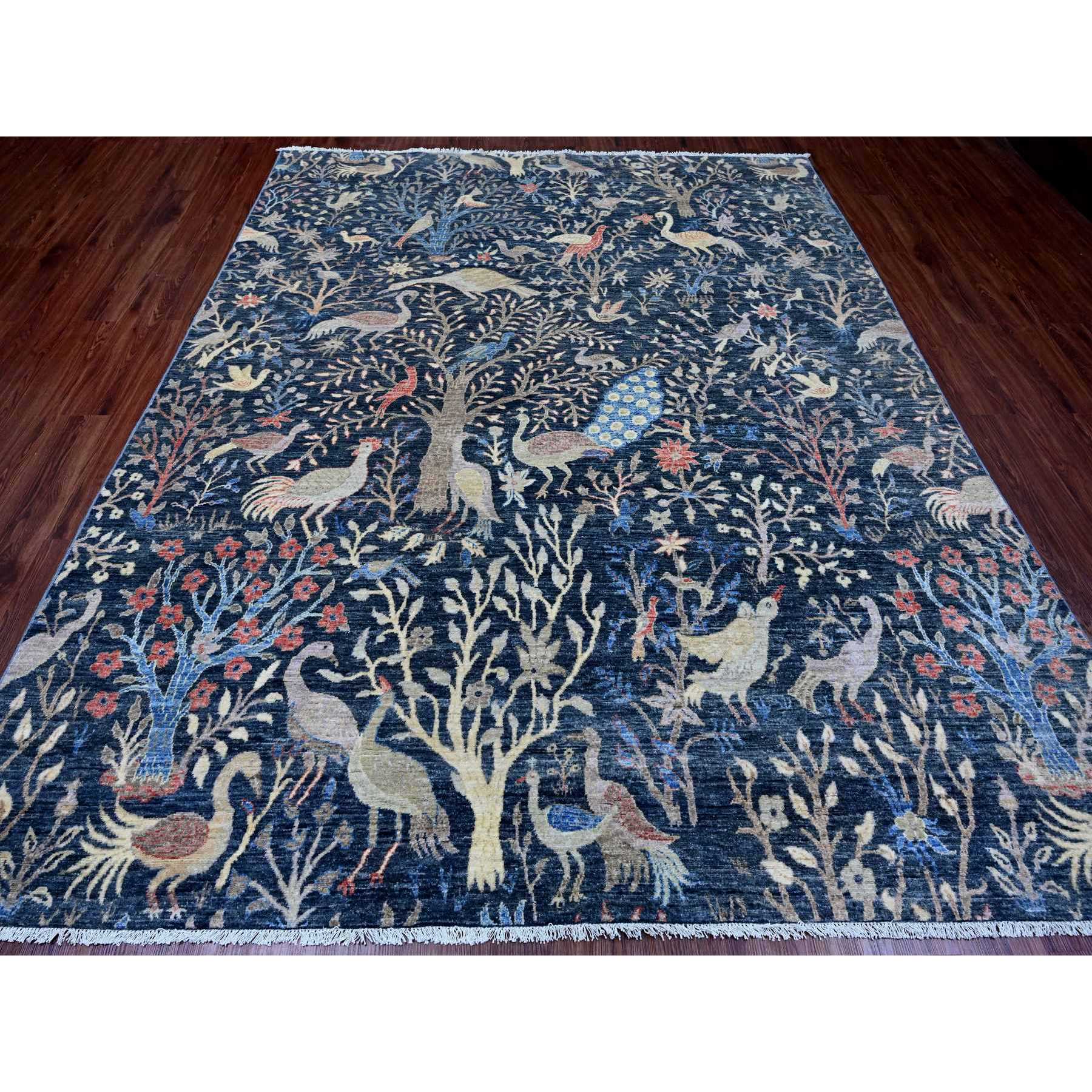 8'x10' Space Cadet Blue, Afghan Peshawar with Birds of Paradise Design, Hand Knotted, Soft Wool, Vegetable Dyes, Oriental Rug Sh20158