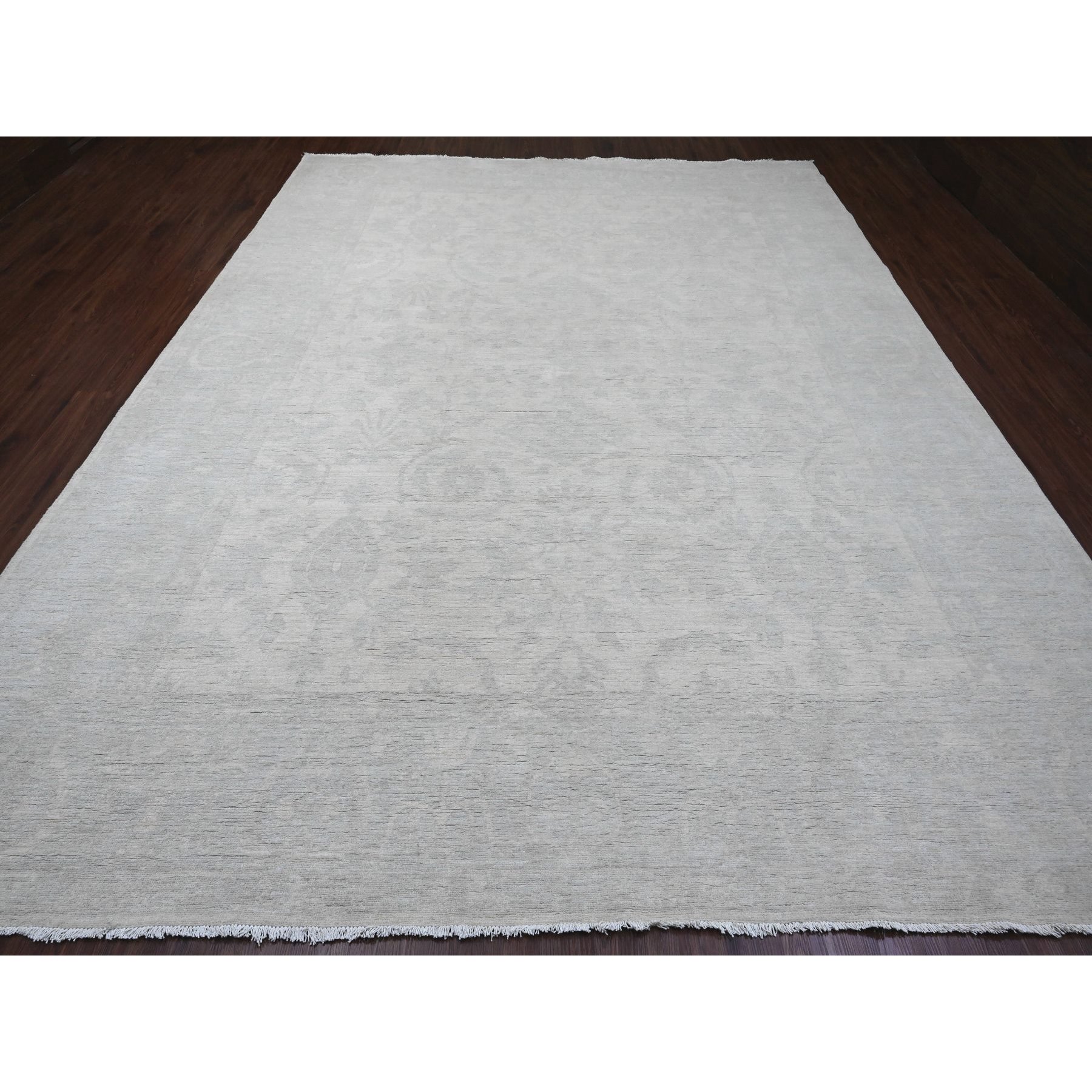 10'x13' Pearl White, Stone Washed Peshawar with All Over Pattern, Hand Knotted, Vegetable Dyes, Pure Wool, Oriental Rug Sh20161