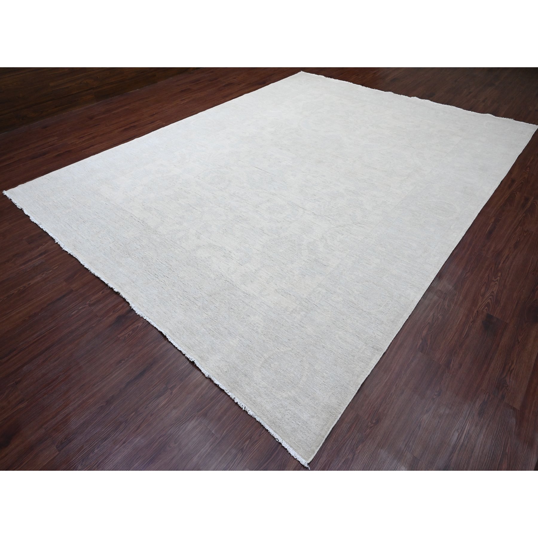10'x13' Pearl White, Stone Washed Peshawar with All Over Pattern, Hand Knotted, Vegetable Dyes, Pure Wool, Oriental Rug Sh20161