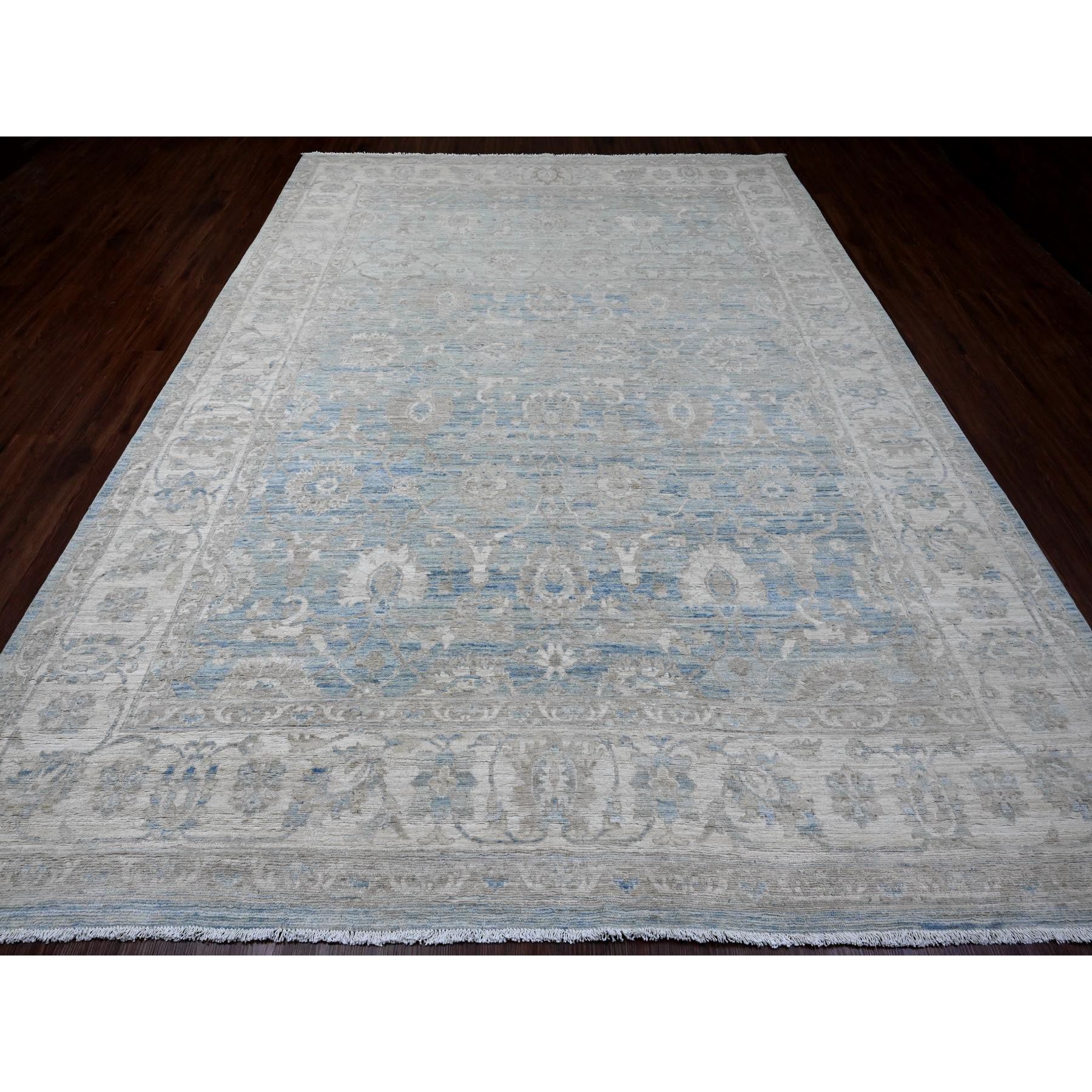8'8"x12' Carolina Blue, White Wash Peshawar with All Over Leaf Design, Hand Knotted, Abrash, Veggie Dyes, 100% Wool, Oriental Rug Sh20165