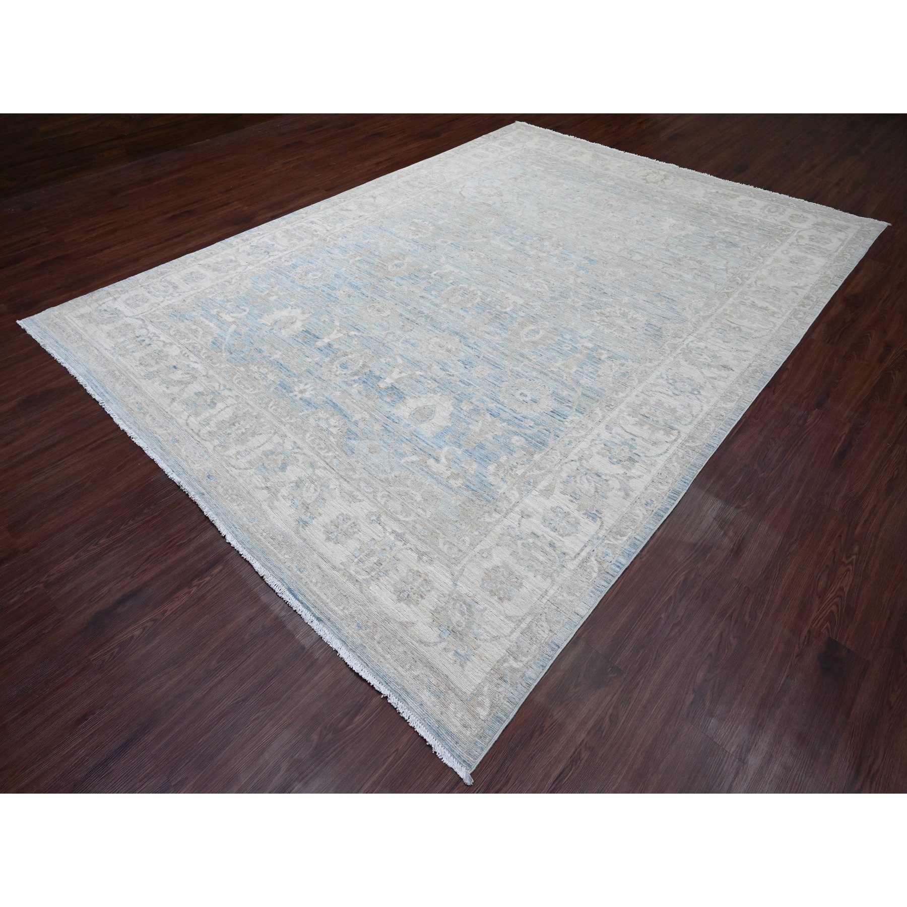 8'8"x12' Carolina Blue, White Wash Peshawar with All Over Leaf Design, Hand Knotted, Abrash, Veggie Dyes, 100% Wool, Oriental Rug Sh20165