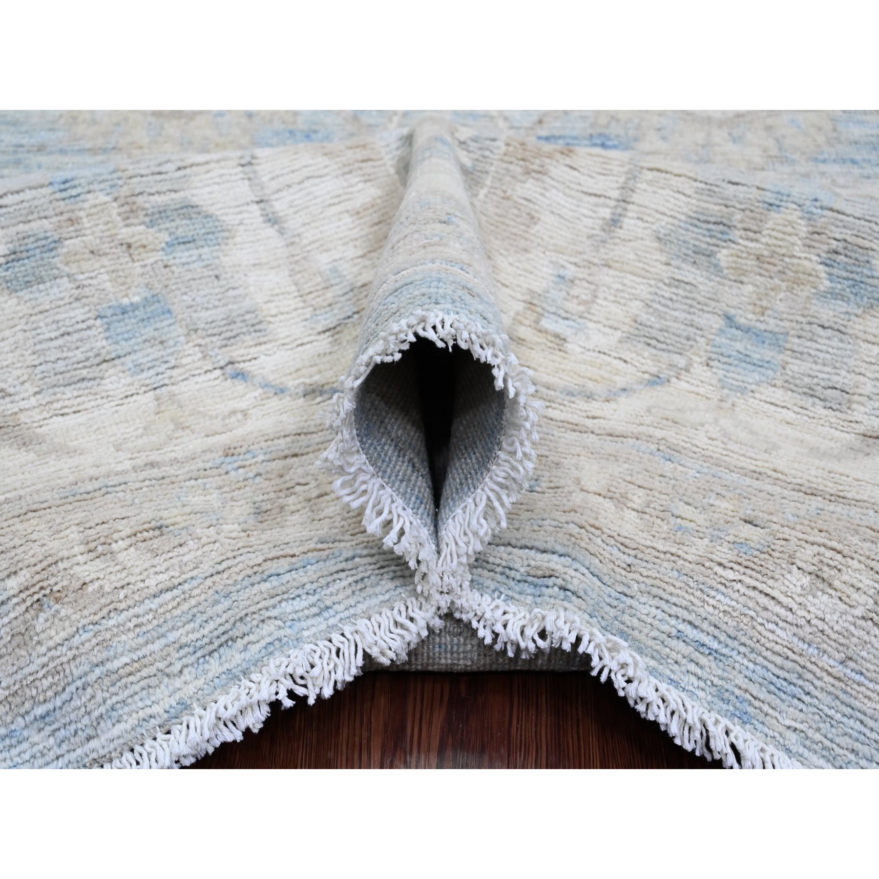 8'8"x12' Carolina Blue, White Wash Peshawar with All Over Leaf Design, Hand Knotted, Abrash, Veggie Dyes, 100% Wool, Oriental Rug Sh20165