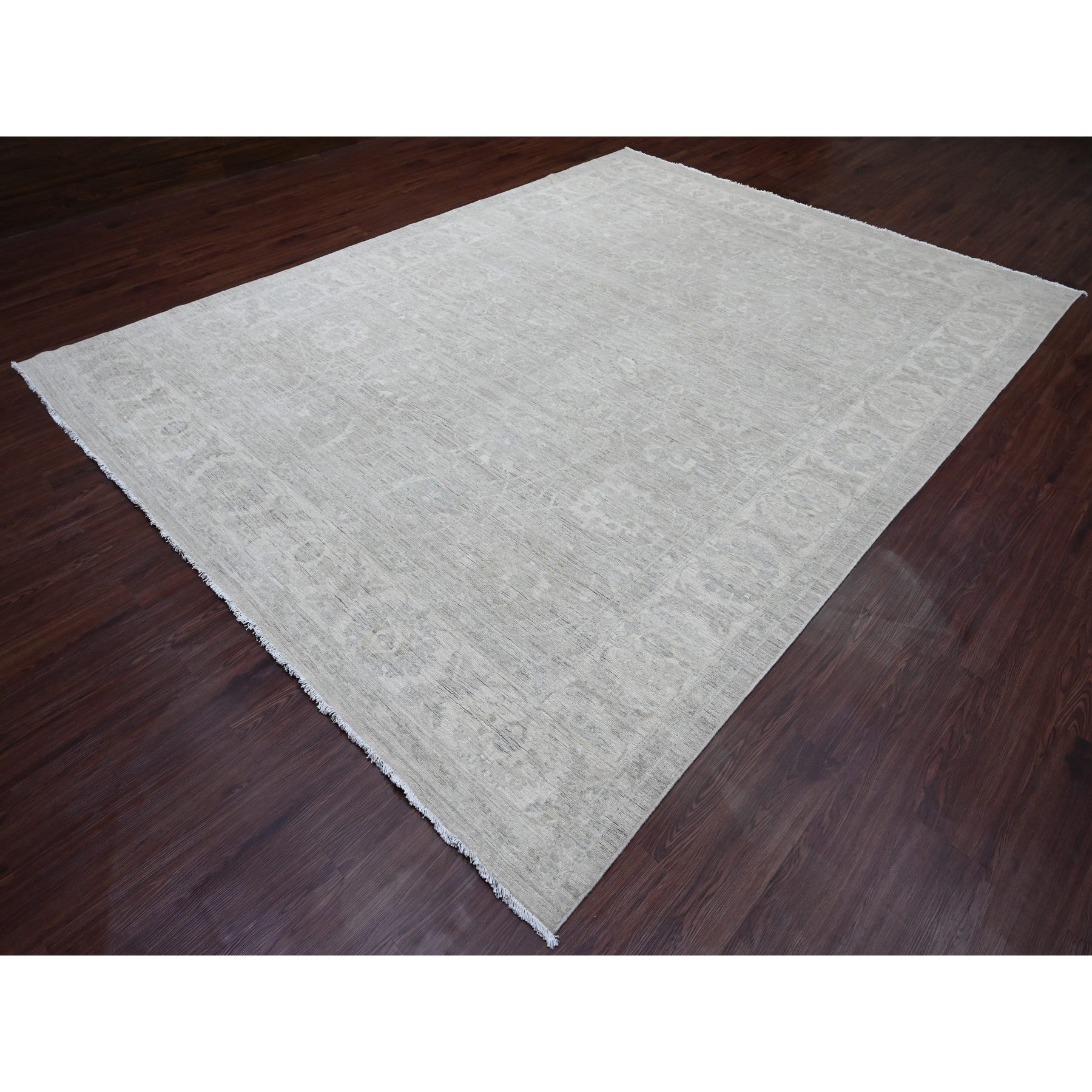 9'x12' Medium Gray, Hand Knotted, Washed Out Peshawar with All Over Vines Design, Natural Dyes, 100% Wool, Oriental Rug Sh20166