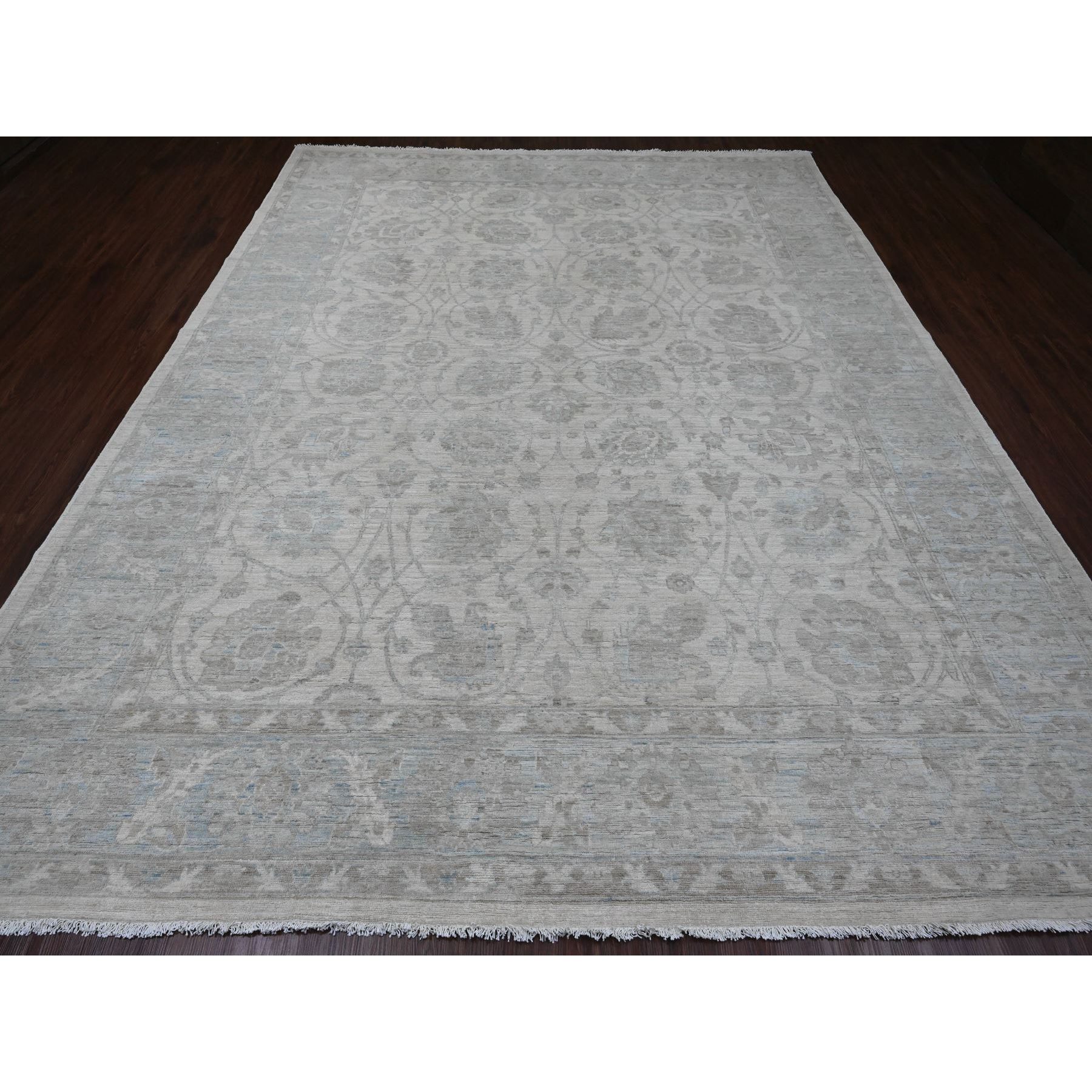 9'2"x11'10" Pearl White, Washed Out Peshawar with All Over Leaf Design, Hand Knotted, Vegetable Dyes, 100% Wool, Oriental Rug Sh20167