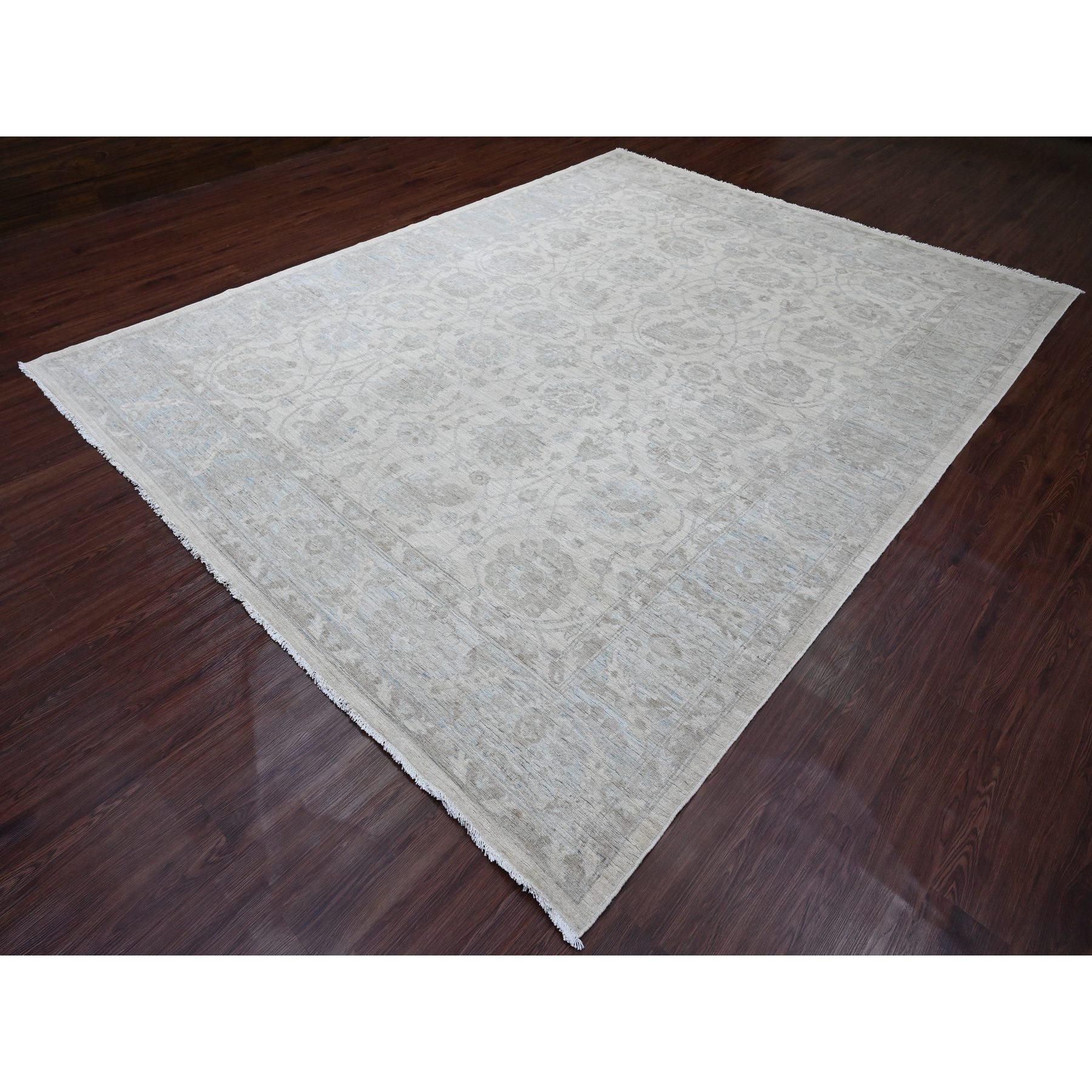9'2"x11'10" Pearl White, Washed Out Peshawar with All Over Leaf Design, Hand Knotted, Vegetable Dyes, 100% Wool, Oriental Rug Sh20167