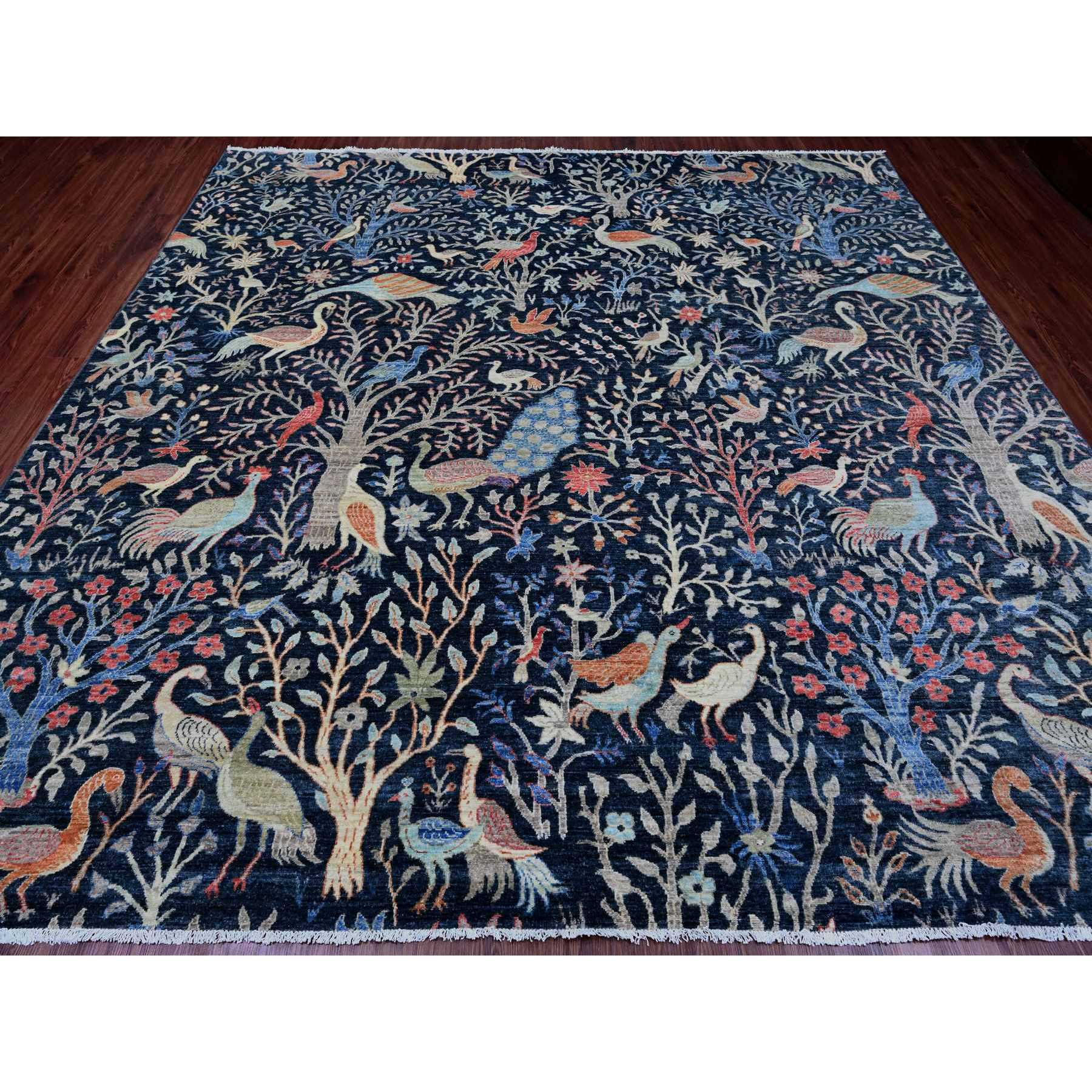 10'1"x10'1" Denim Blue, Hand Knotted, Afghan Peshawar with Birds of Paradise Design, Soft and Shiny Wool, Vegetable Dyes, Square, Oriental Rug Sh20168