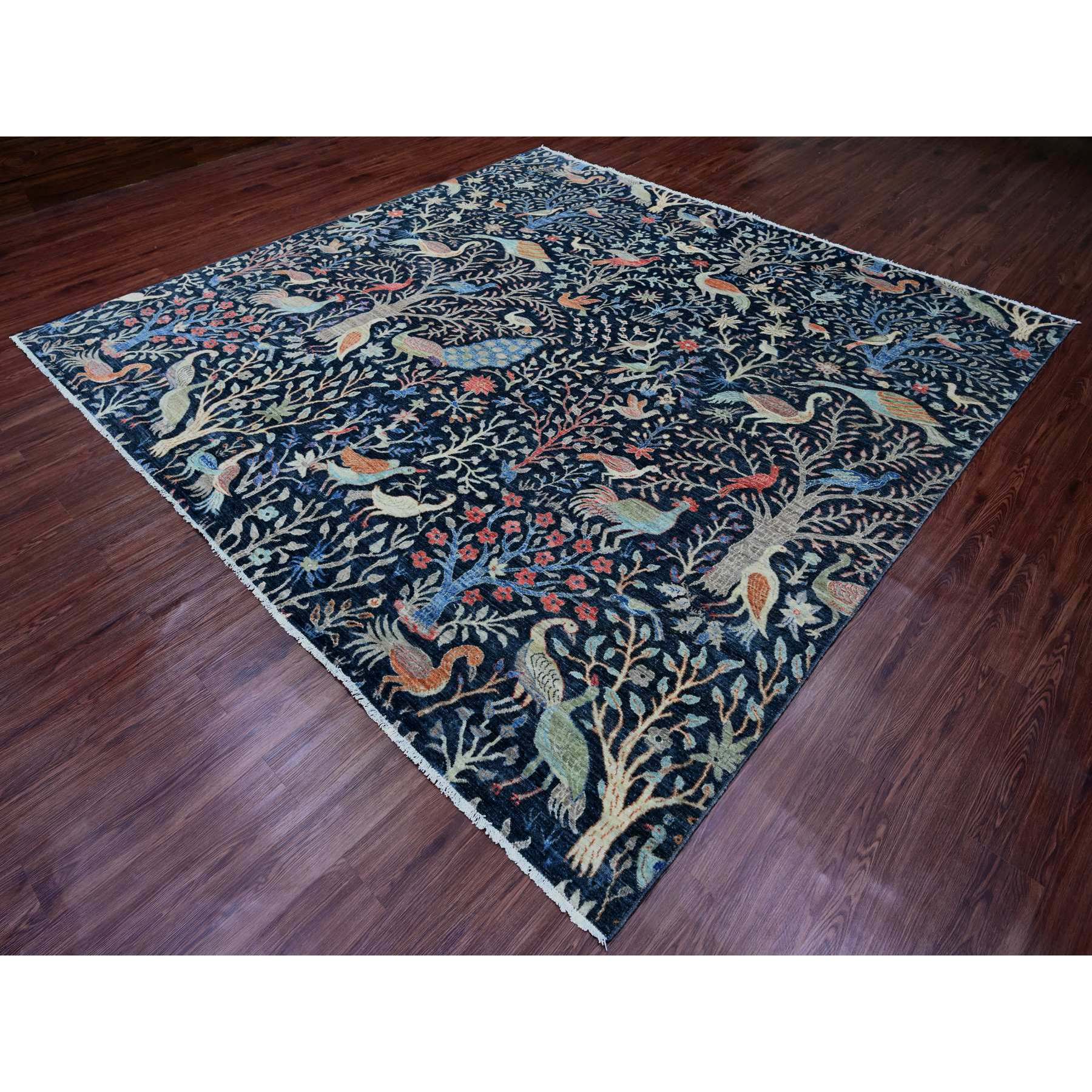 10'1"x10'1" Denim Blue, Hand Knotted, Afghan Peshawar with Birds of Paradise Design, Soft and Shiny Wool, Vegetable Dyes, Square, Oriental Rug Sh20168