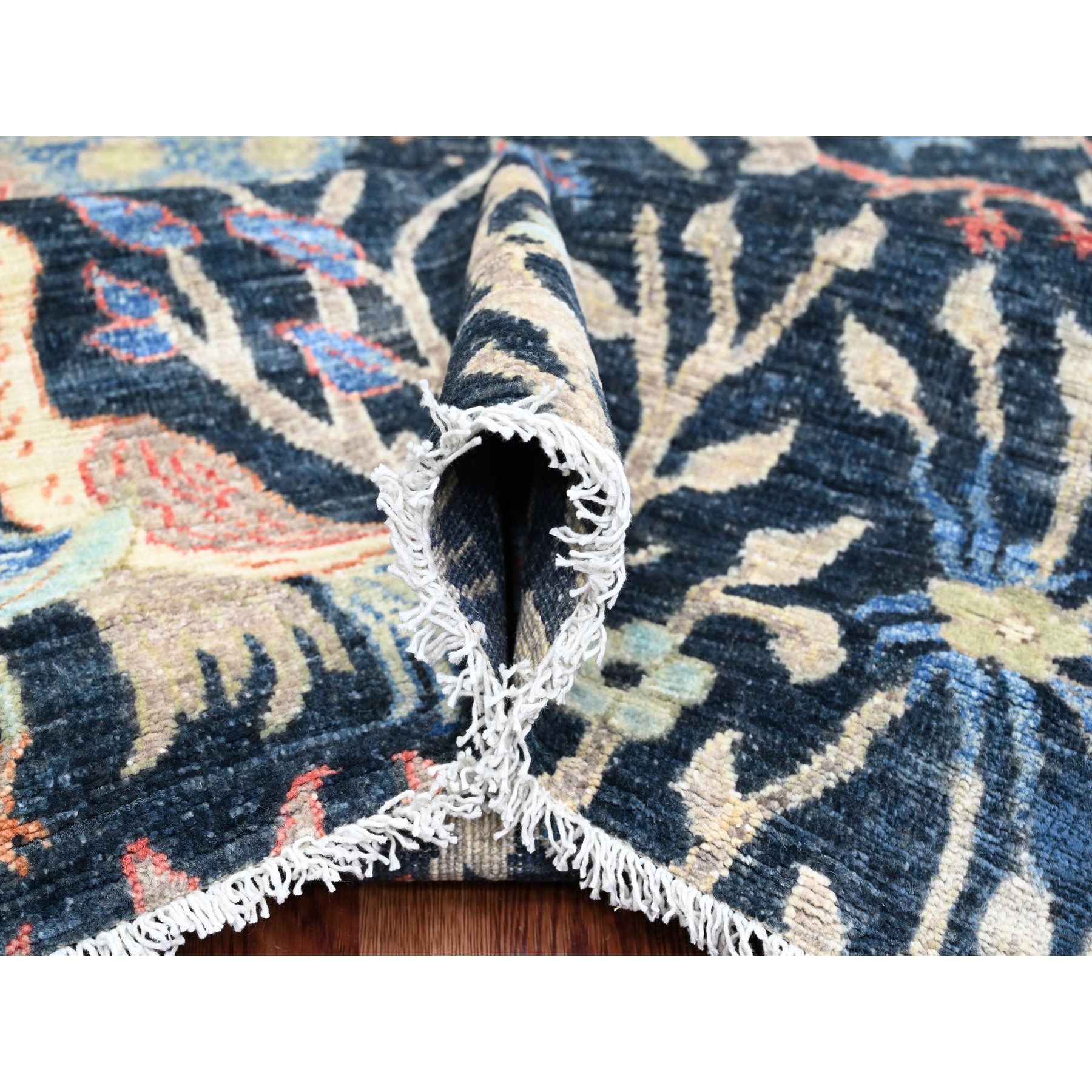 10'1"x10'1" Denim Blue, Hand Knotted, Afghan Peshawar with Birds of Paradise Design, Soft and Shiny Wool, Vegetable Dyes, Square, Oriental Rug Sh20168