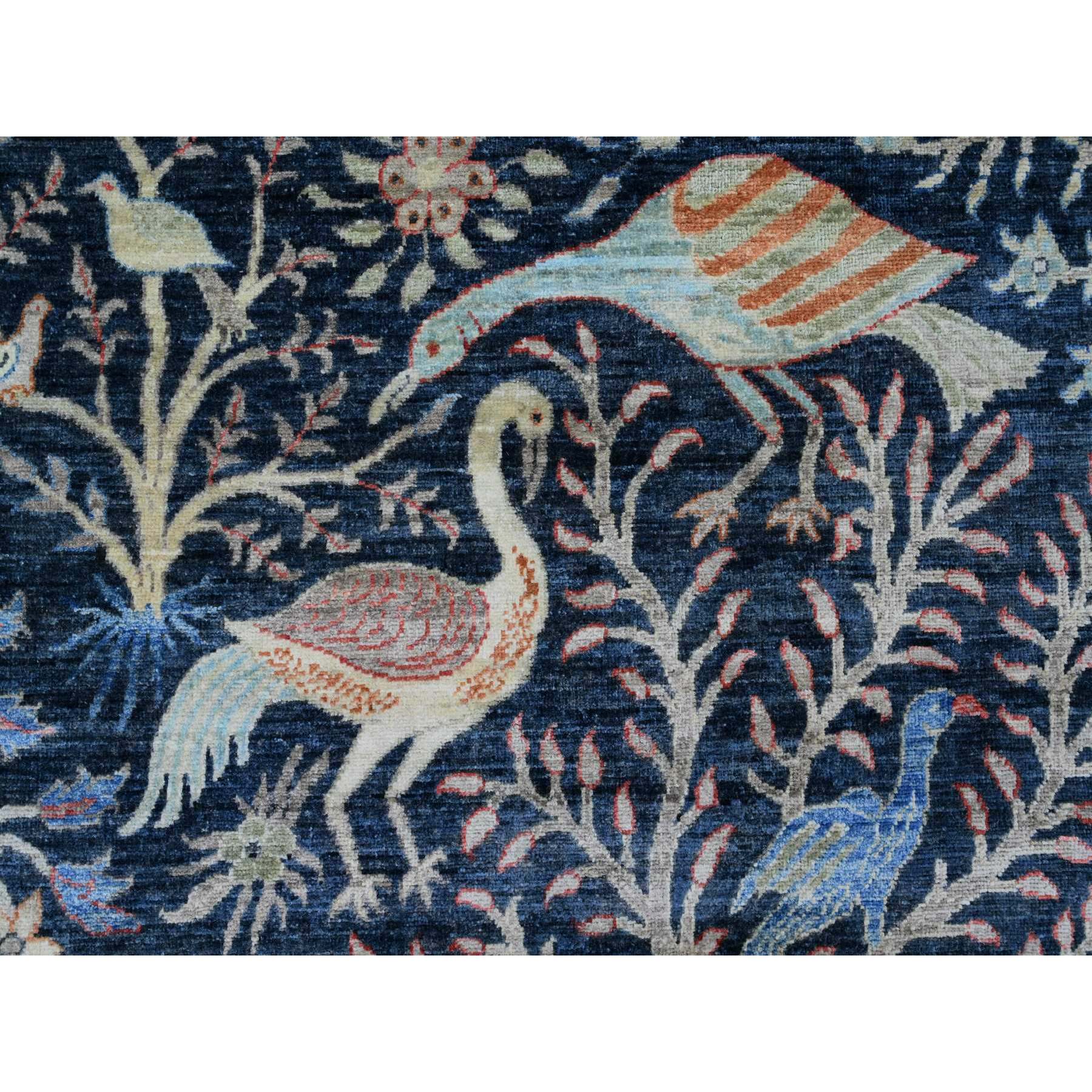 10'1"x10'1" Denim Blue, Hand Knotted, Afghan Peshawar with Birds of Paradise Design, Soft and Shiny Wool, Vegetable Dyes, Square, Oriental Rug Sh20168
