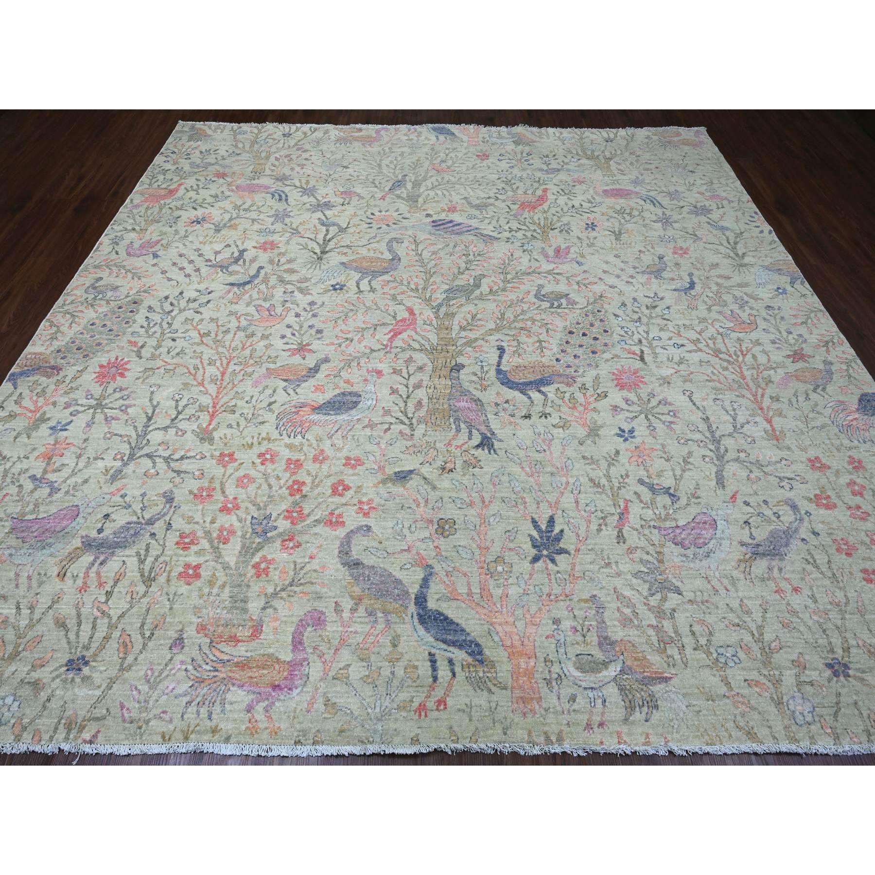 10'x10' Pistachio Green, Hand Knotted, Afghan Peshawar with Birds of Paradise Design, Soft Wool, Natural Dyes, Square, Oriental Rug Sh20169