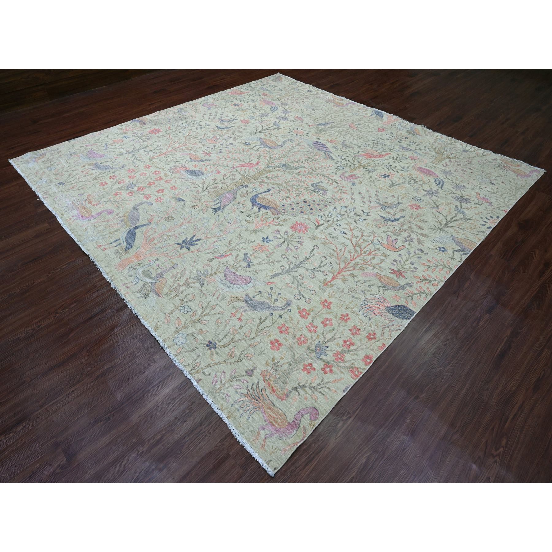 10'x10' Pistachio Green, Hand Knotted, Afghan Peshawar with Birds of Paradise Design, Soft Wool, Natural Dyes, Square, Oriental Rug Sh20169