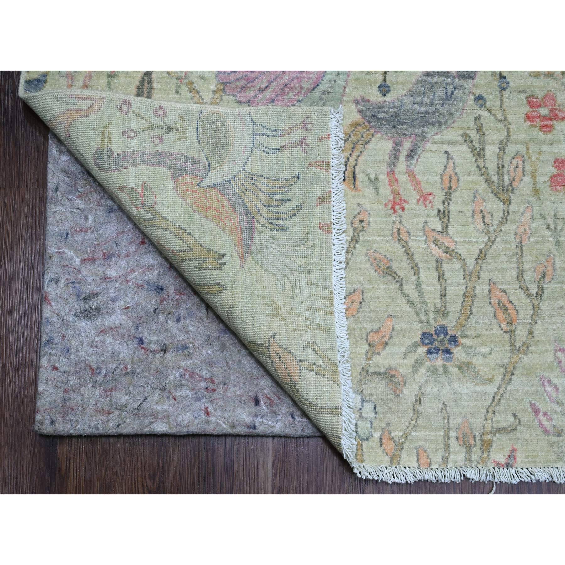 10'x10' Pistachio Green, Hand Knotted, Afghan Peshawar with Birds of Paradise Design, Soft Wool, Natural Dyes, Square, Oriental Rug Sh20169