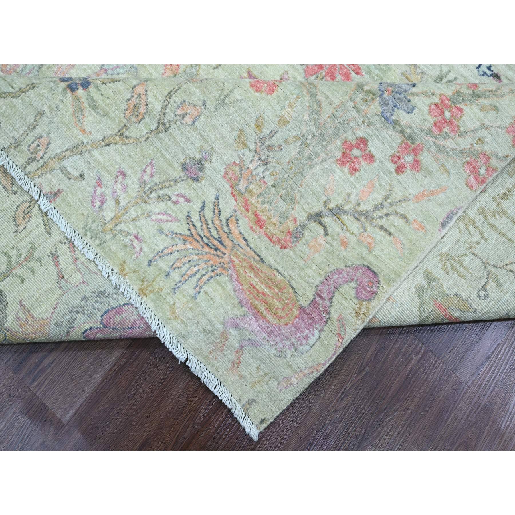 10'x10' Pistachio Green, Hand Knotted, Afghan Peshawar with Birds of Paradise Design, Soft Wool, Natural Dyes, Square, Oriental Rug Sh20169