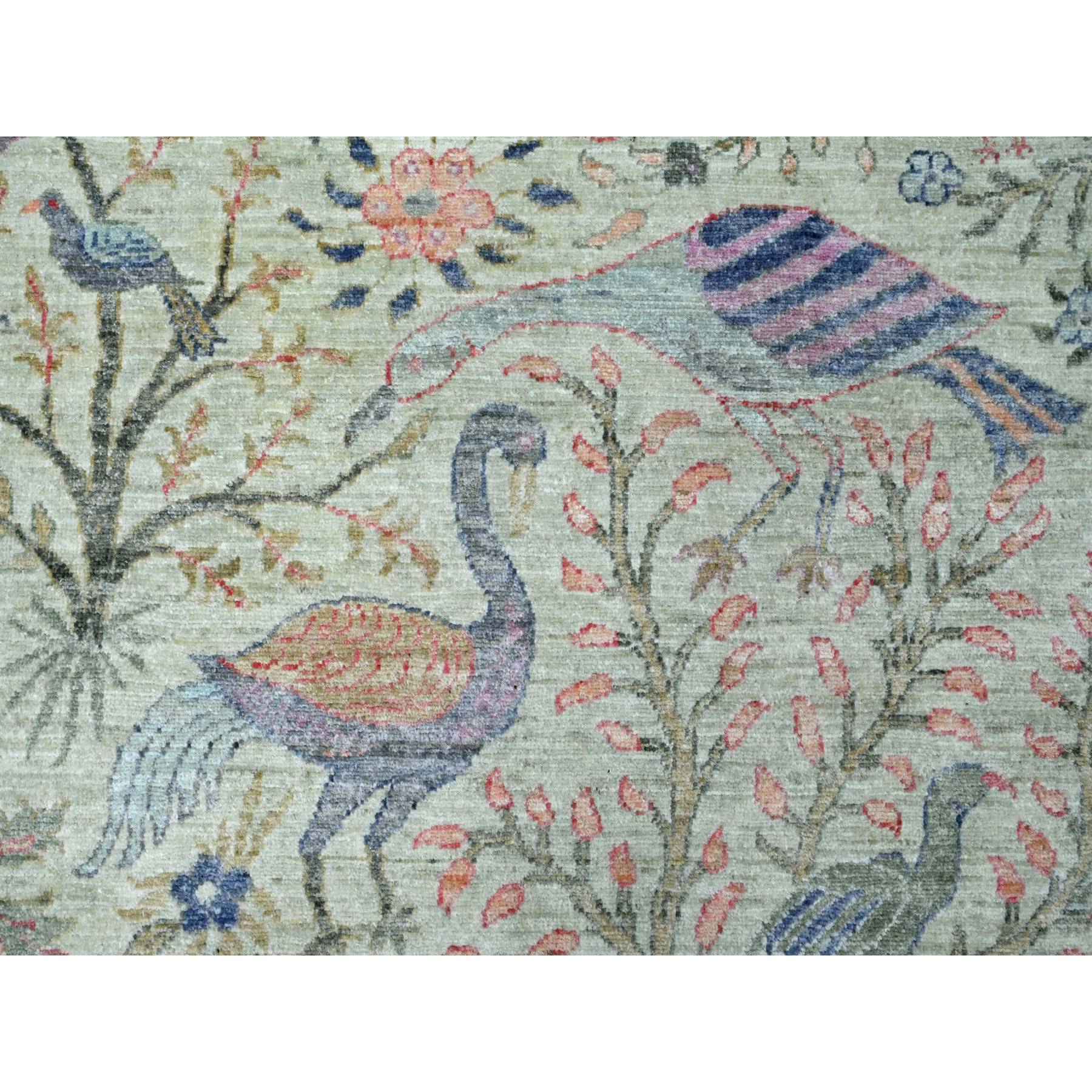10'x10' Pistachio Green, Hand Knotted, Afghan Peshawar with Birds of Paradise Design, Soft Wool, Natural Dyes, Square, Oriental Rug Sh20169