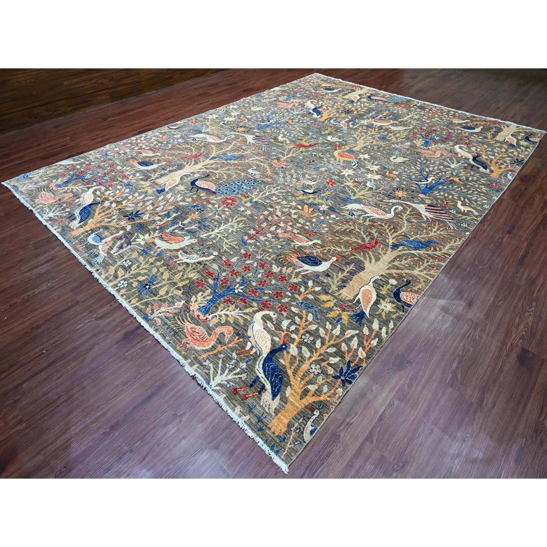 10'x13'6" Sonic Gray, Hand Knotted, Afghan Peshawar with Birds of Paradise Design, Soft and Velvety Wool, Veggie Dyes, Oriental Rug Sh20170
