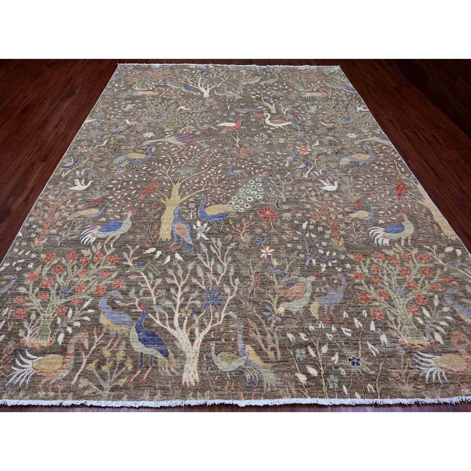 9'1"x11'9" Cedar Brown, Afghan Peshawar with Birds of Paradise Design, Soft Wool, Vegetable Dyes, Hand Knotted, Oriental Rug Sh20173