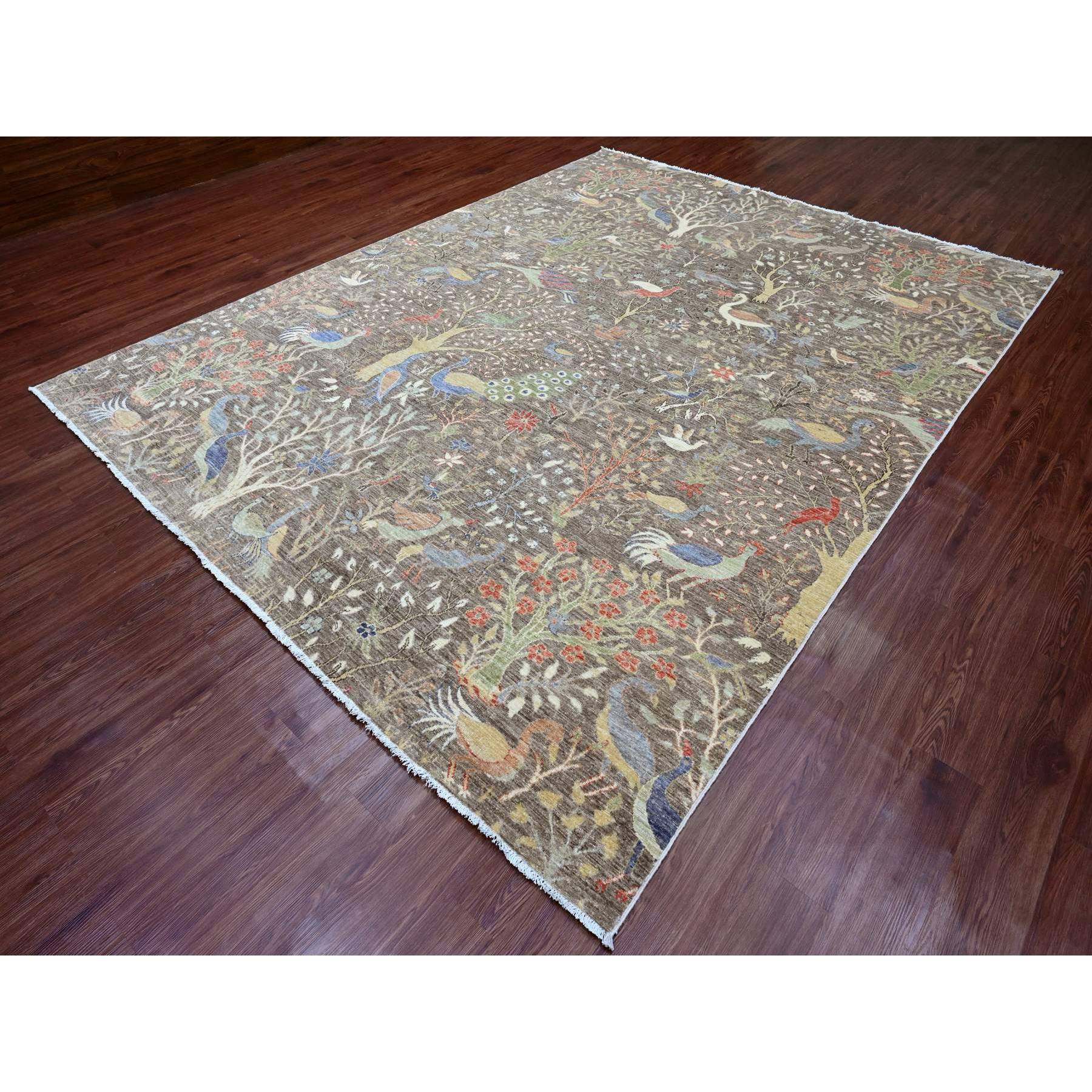 9'1"x11'9" Cedar Brown, Afghan Peshawar with Birds of Paradise Design, Soft Wool, Vegetable Dyes, Hand Knotted, Oriental Rug Sh20173