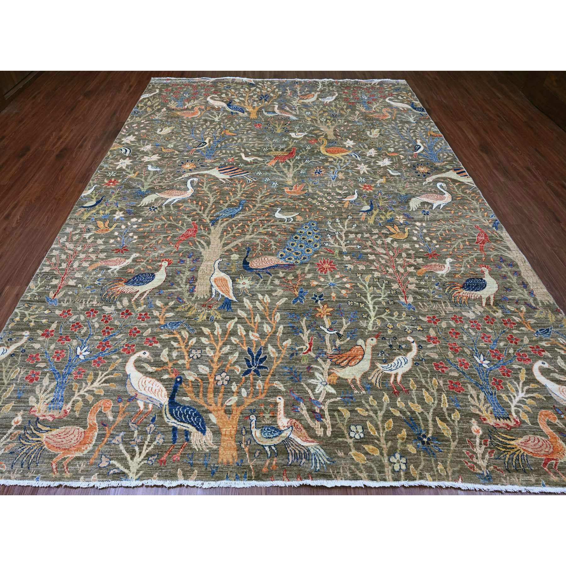 9'x12' Dim Gray, Afghan Peshawar with Birds of Paradise Design, Soft and Velvety Wool, Hand Knotted, Vegetable Dyes, Oriental Rug Sh20174