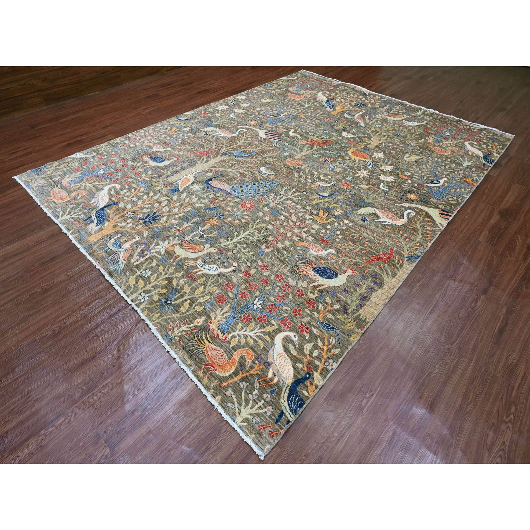 9'x12' Dim Gray, Afghan Peshawar with Birds of Paradise Design, Soft and Velvety Wool, Hand Knotted, Vegetable Dyes, Oriental Rug Sh20174