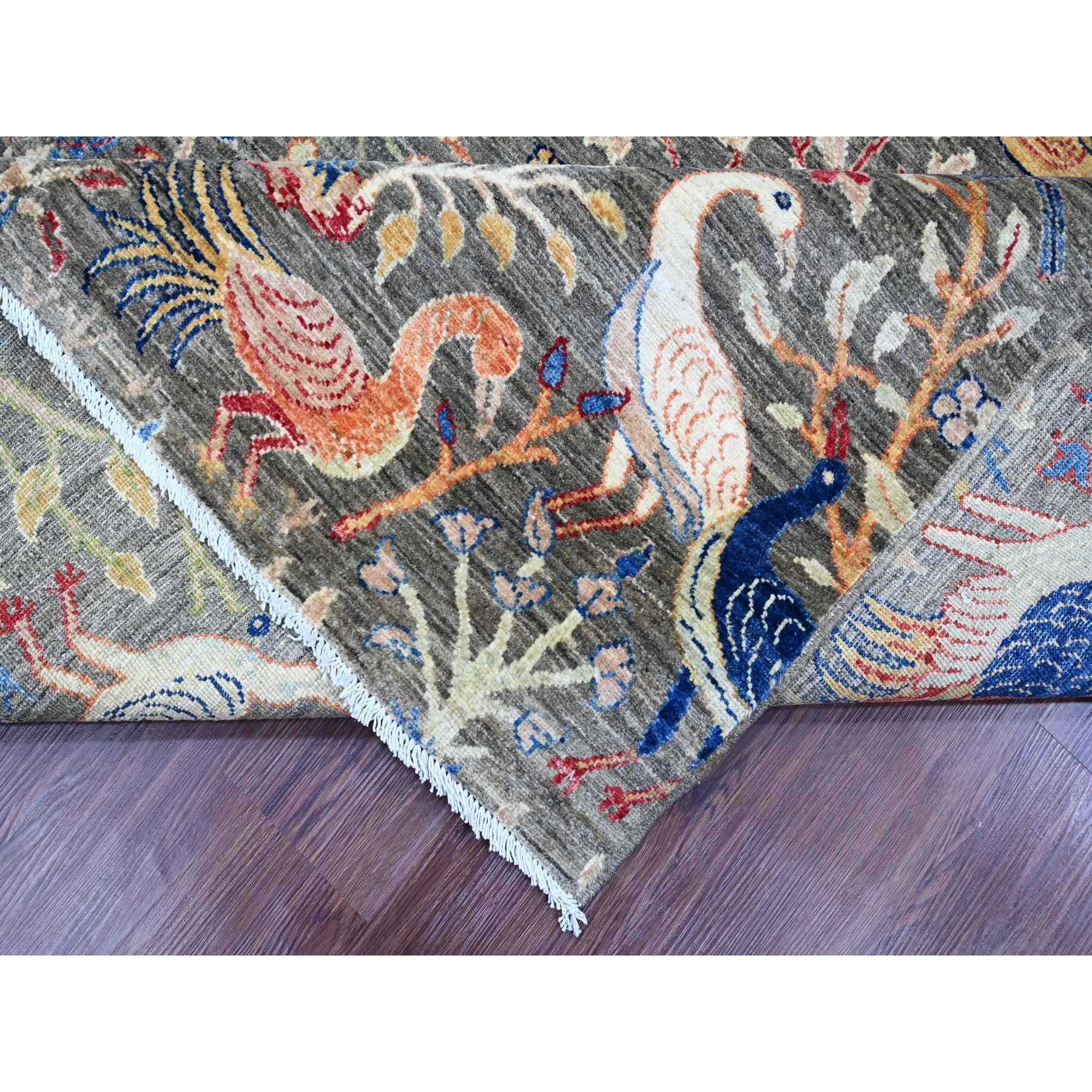 9'x12' Dim Gray, Afghan Peshawar with Birds of Paradise Design, Soft and Velvety Wool, Hand Knotted, Vegetable Dyes, Oriental Rug Sh20174