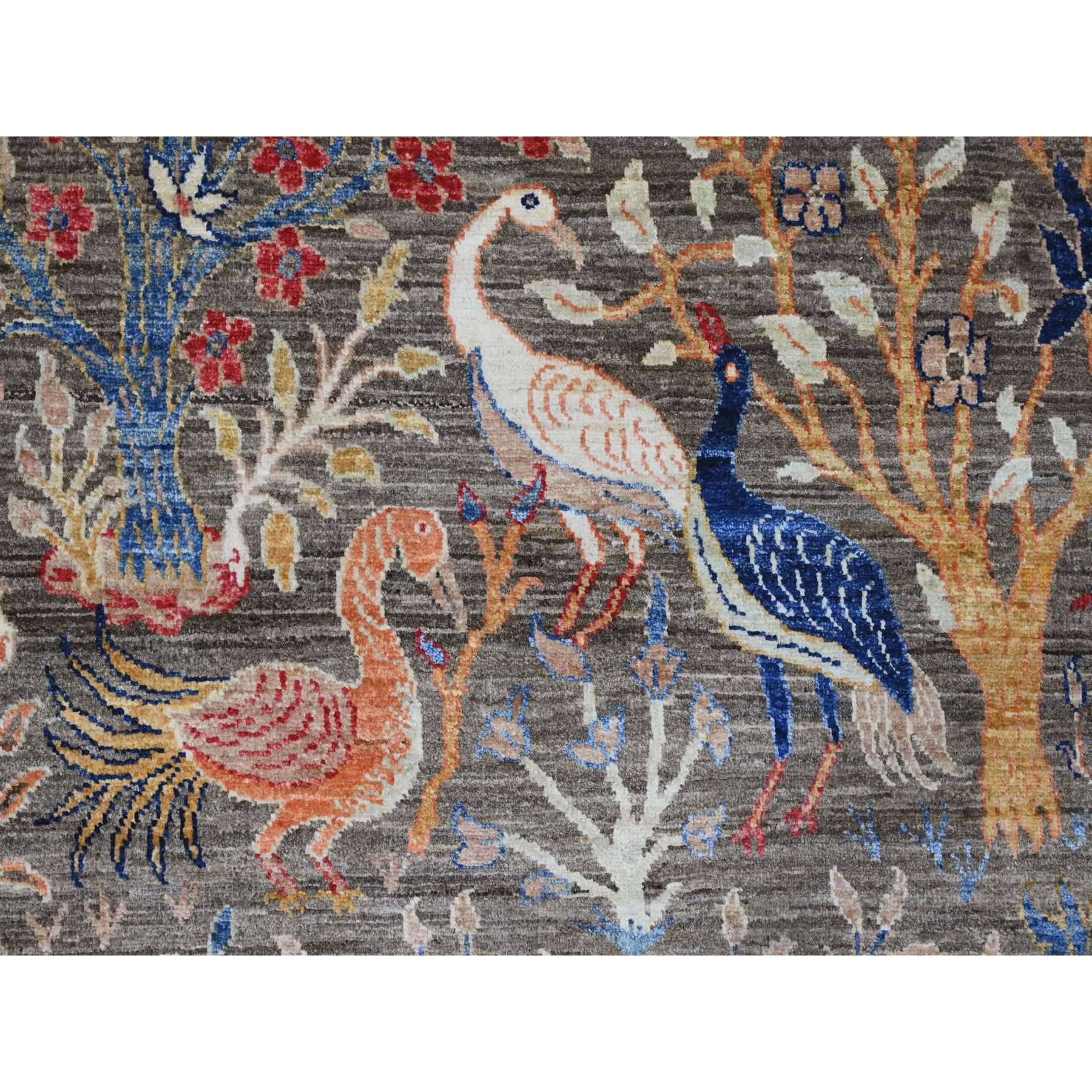 9'x12' Dim Gray, Afghan Peshawar with Birds of Paradise Design, Soft and Velvety Wool, Hand Knotted, Vegetable Dyes, Oriental Rug Sh20174