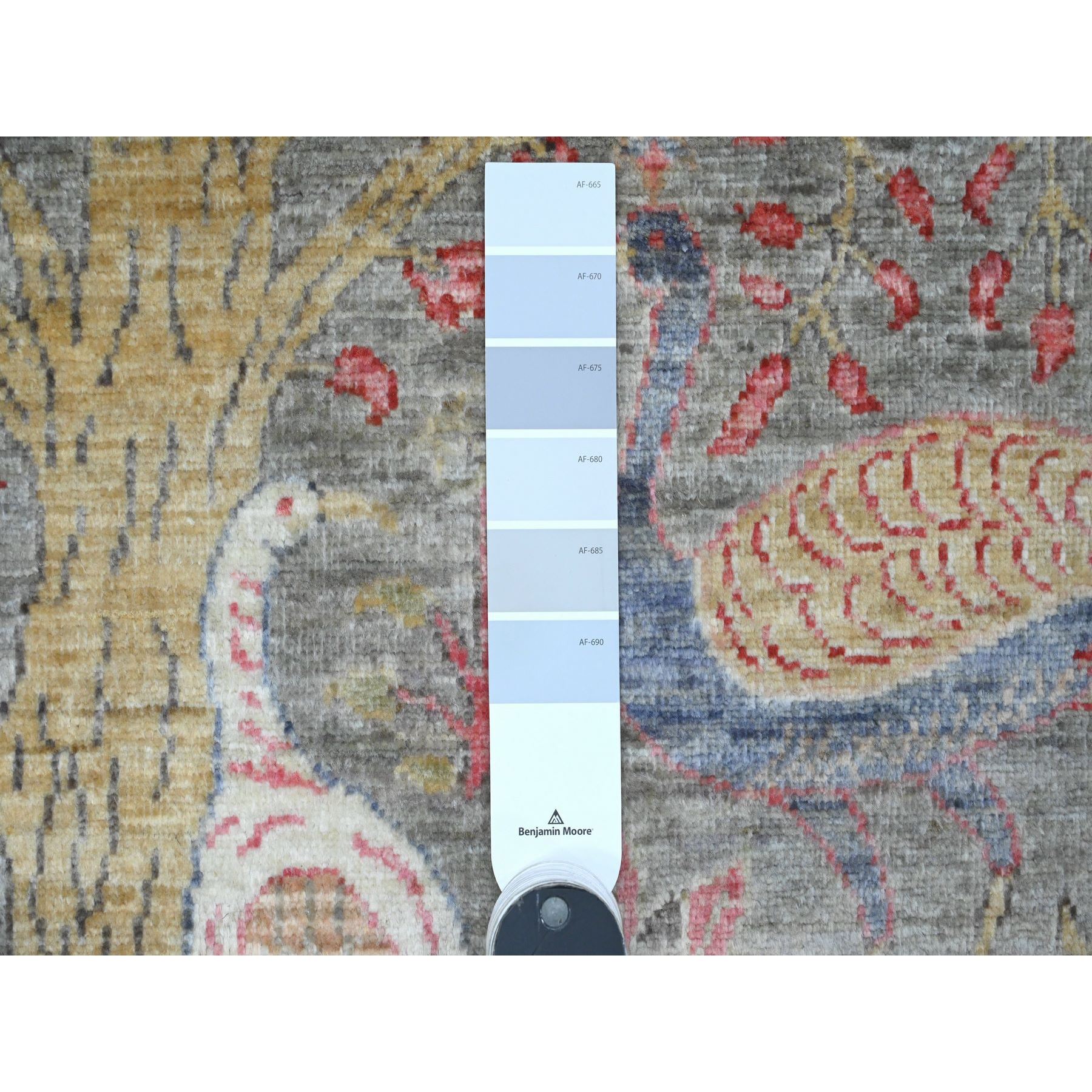 5'9"x5'9" Medium Gray, Hand Knotted, Afghan Peshawar with Birds of Paradise Design, Soft Wool, Natural Dyes, Round, Oriental Rug Sh20175