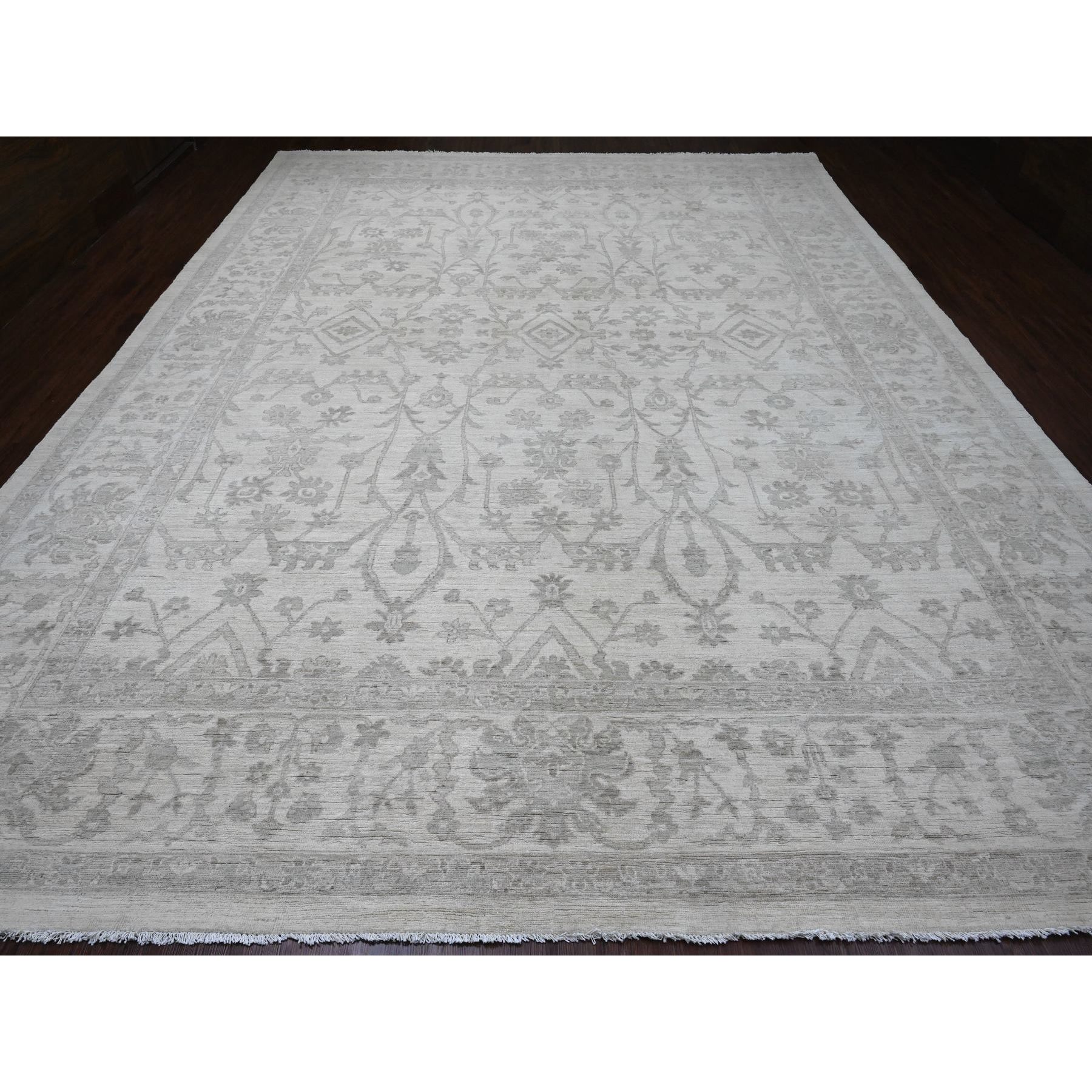 11'7"x14'10" Alabaster White, Hand Knotted, Washed Out Peshawar with All Over Vines Design, Vegetable Dyes, 100% Wool, Oversized, Oriental Rug Sh20179