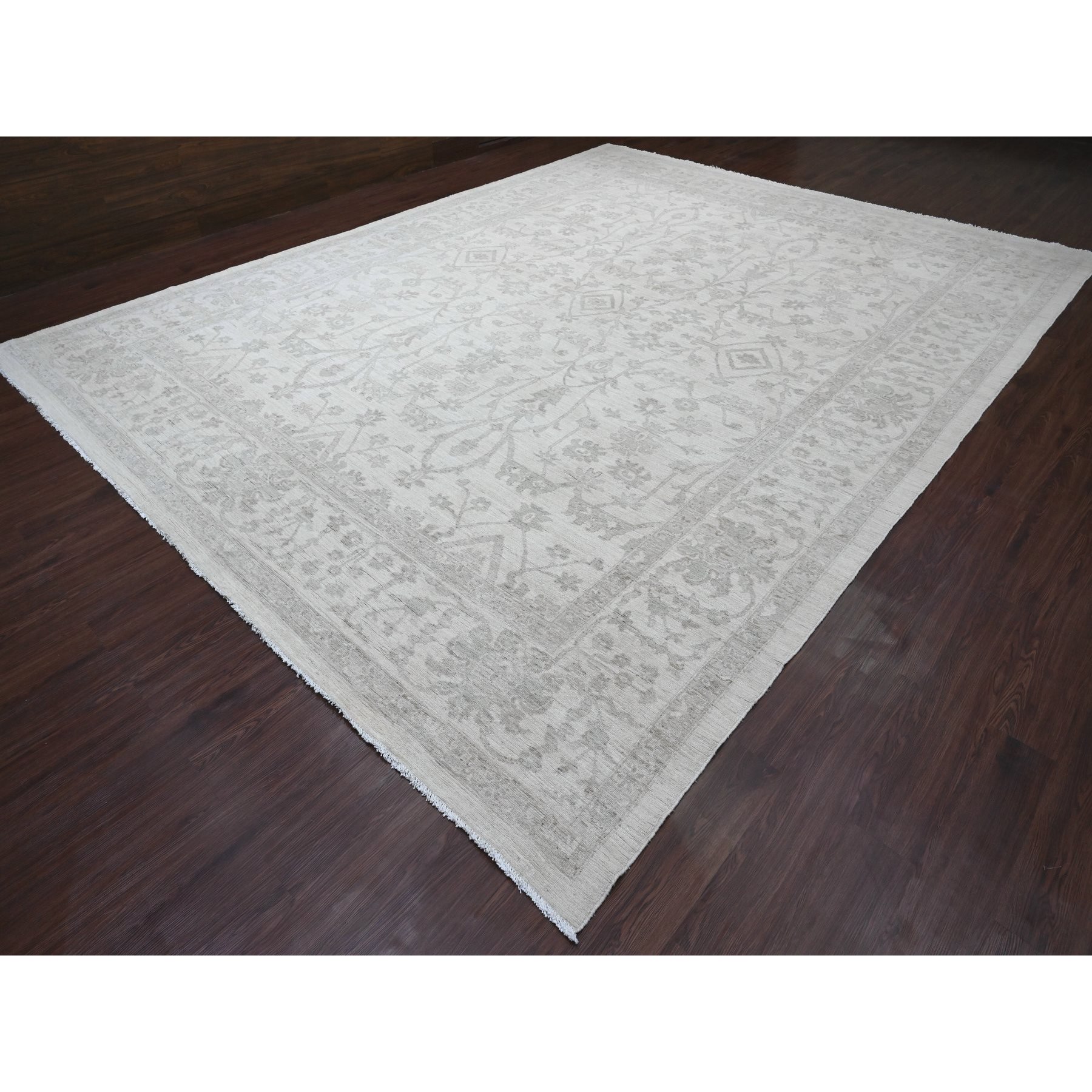 11'7"x14'10" Alabaster White, Hand Knotted, Washed Out Peshawar with All Over Vines Design, Vegetable Dyes, 100% Wool, Oversized, Oriental Rug Sh20179