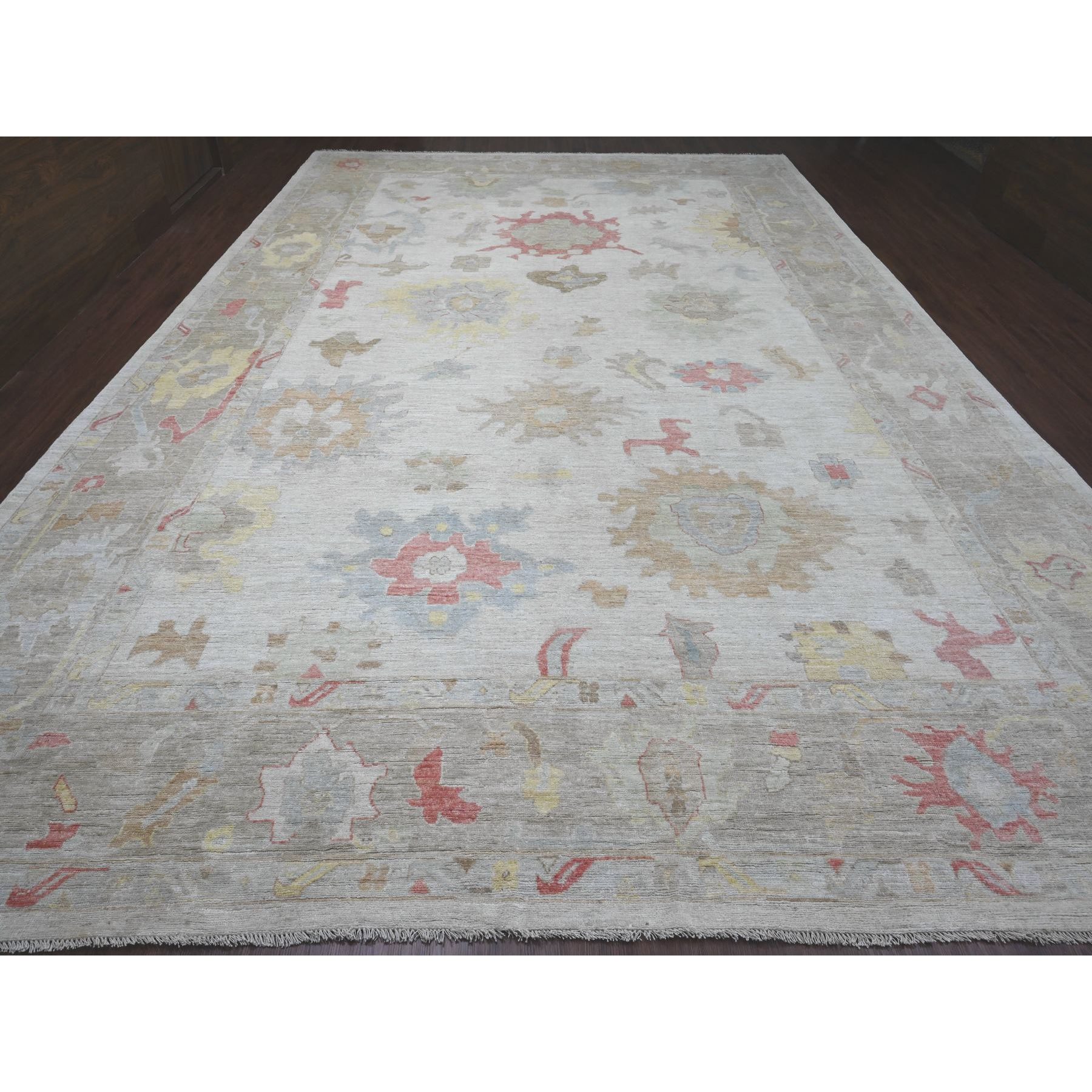 12'x17'4" Cotton White, Afghan Angora Oushak with Large Leaf Design, Hand Knotted, Vegetable Dyes, 100% Wool, Oversized, Oriental Rug Sh20181