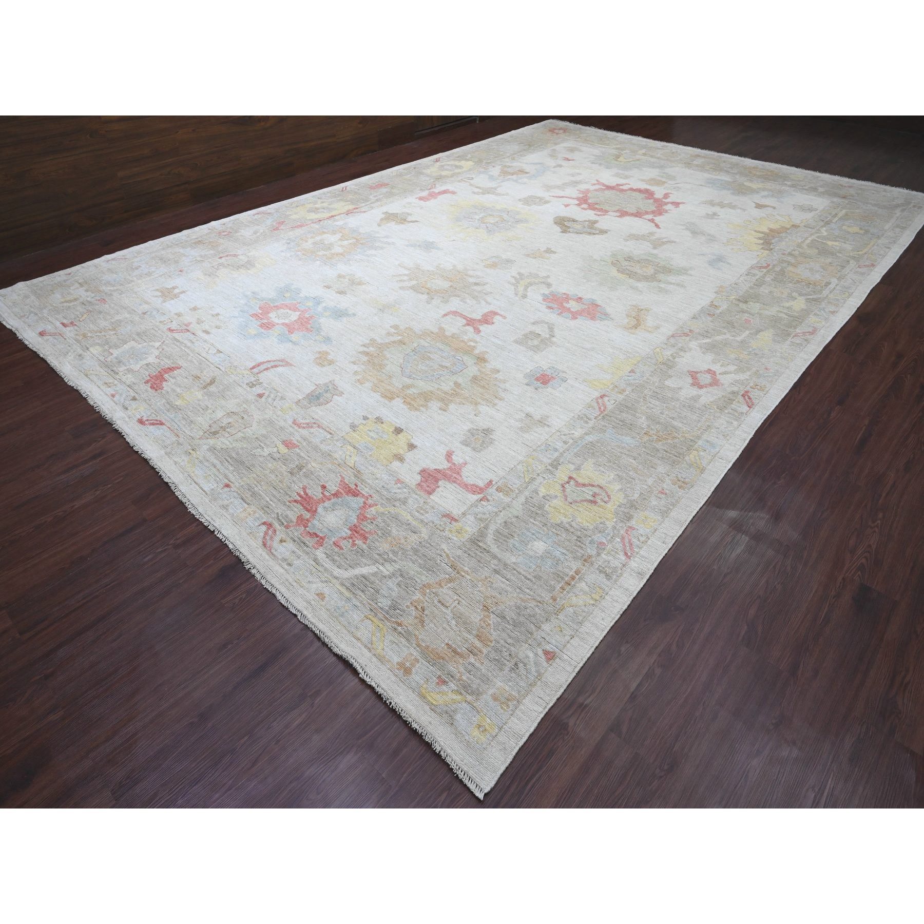 12'x17'4" Cotton White, Afghan Angora Oushak with Large Leaf Design, Hand Knotted, Vegetable Dyes, 100% Wool, Oversized, Oriental Rug Sh20181