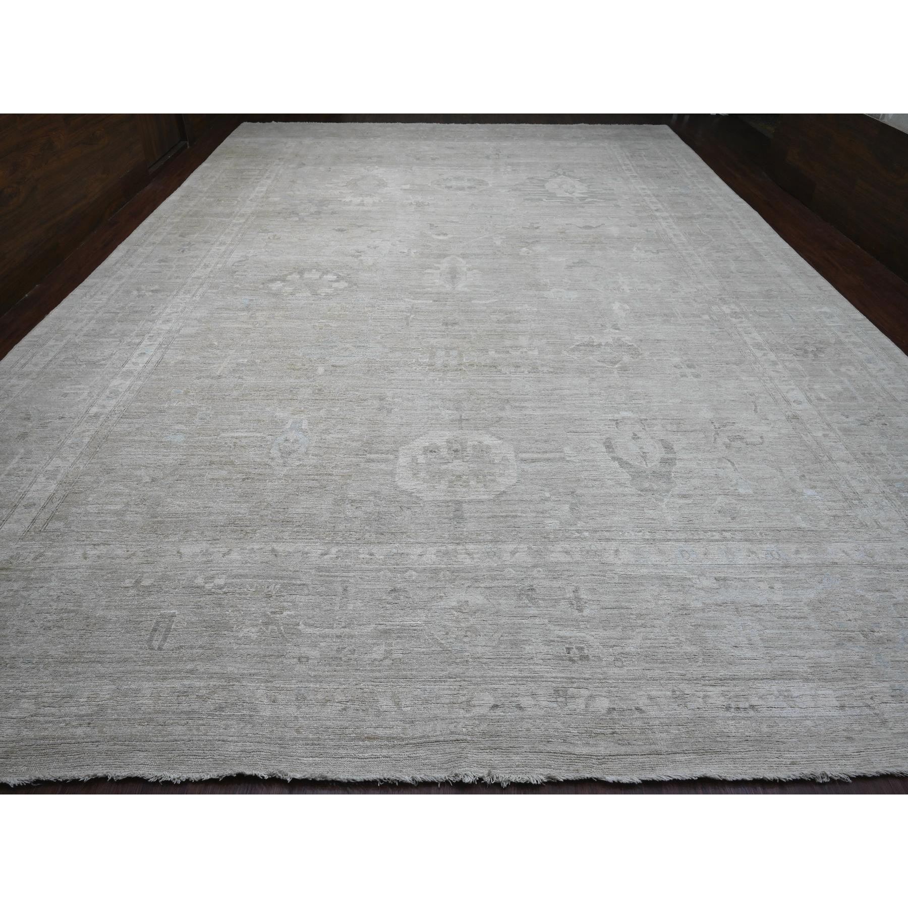 14'x19'6" Pastel Gray, Natural Dyes, Afghan Angora Oushak with Geometric Leaf Design, Hand Knotted, 100% Wool, Oversized, Oriental Rug Sh20183