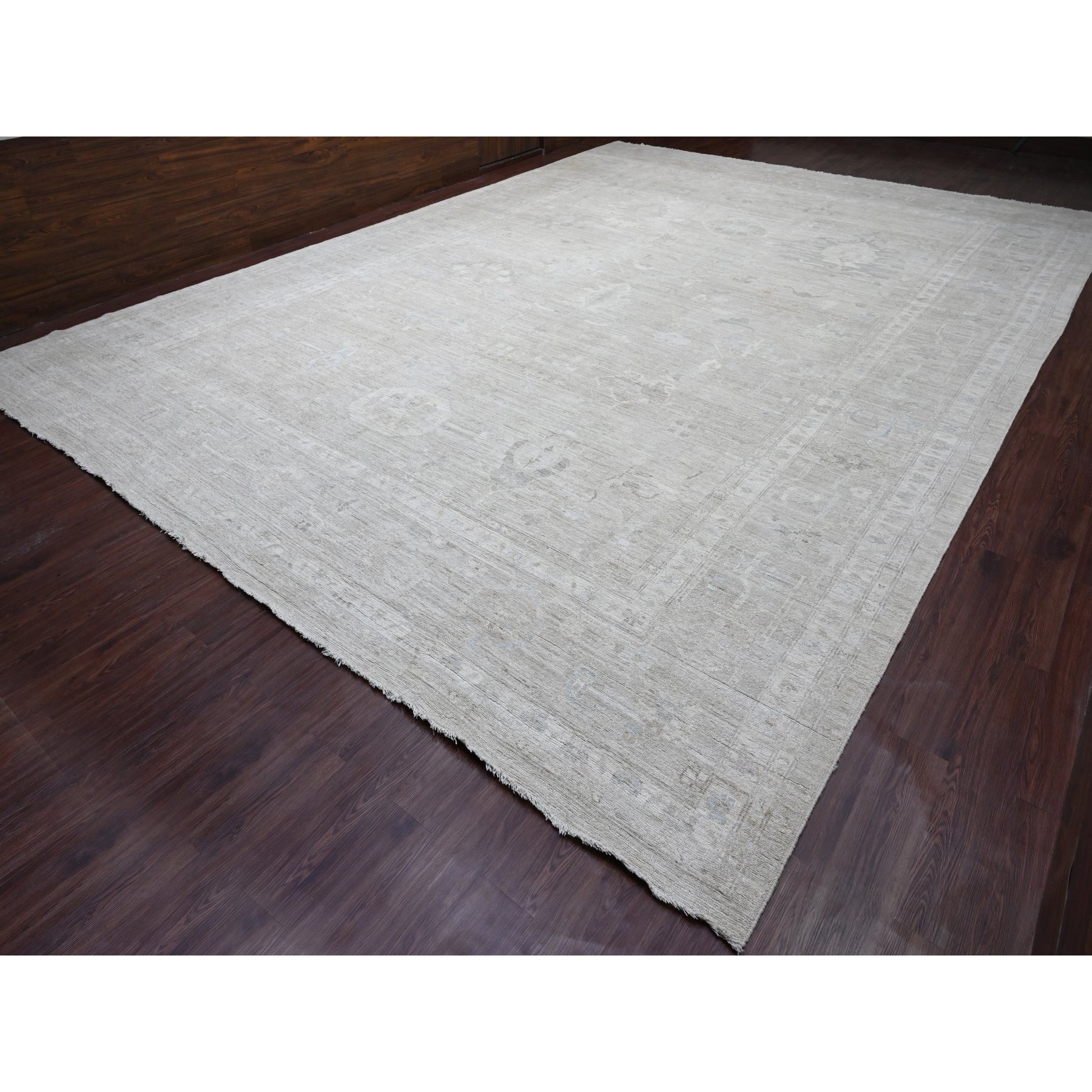 14'x19'6" Pastel Gray, Natural Dyes, Afghan Angora Oushak with Geometric Leaf Design, Hand Knotted, 100% Wool, Oversized, Oriental Rug Sh20183