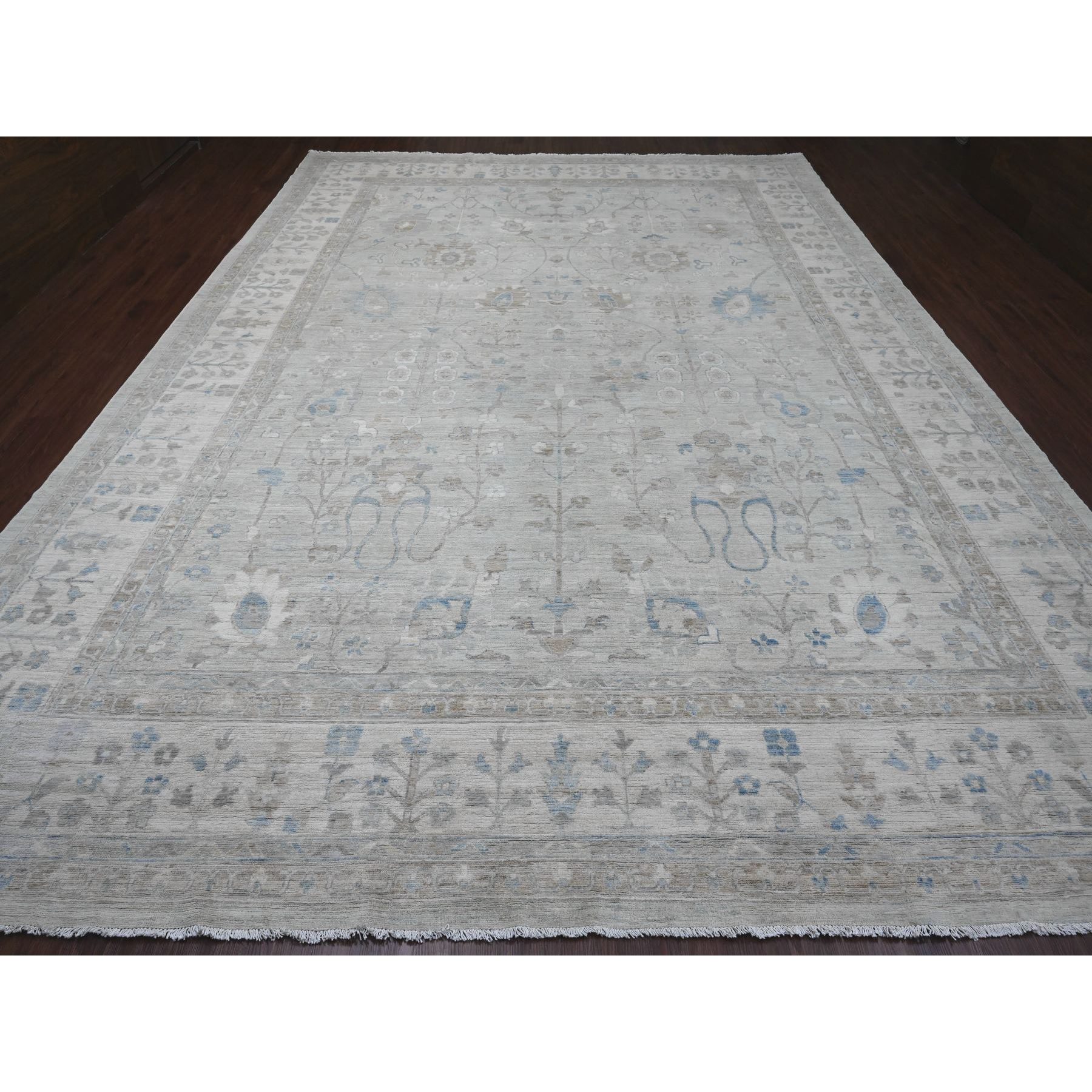 11'1"x15'2" Misty Gray, White Wash Peshawar with Floral Motifs, Hand Knotted, Vegetable Dyes, 100% Wool, Oversized, Oriental Rug Sh20184