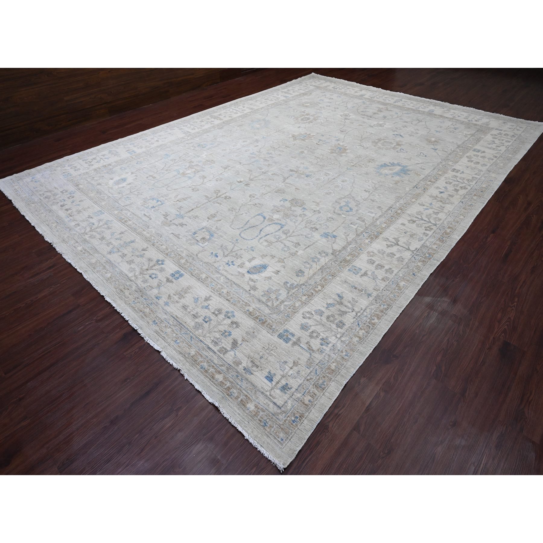 11'1"x15'2" Misty Gray, White Wash Peshawar with Floral Motifs, Hand Knotted, Vegetable Dyes, 100% Wool, Oversized, Oriental Rug Sh20184