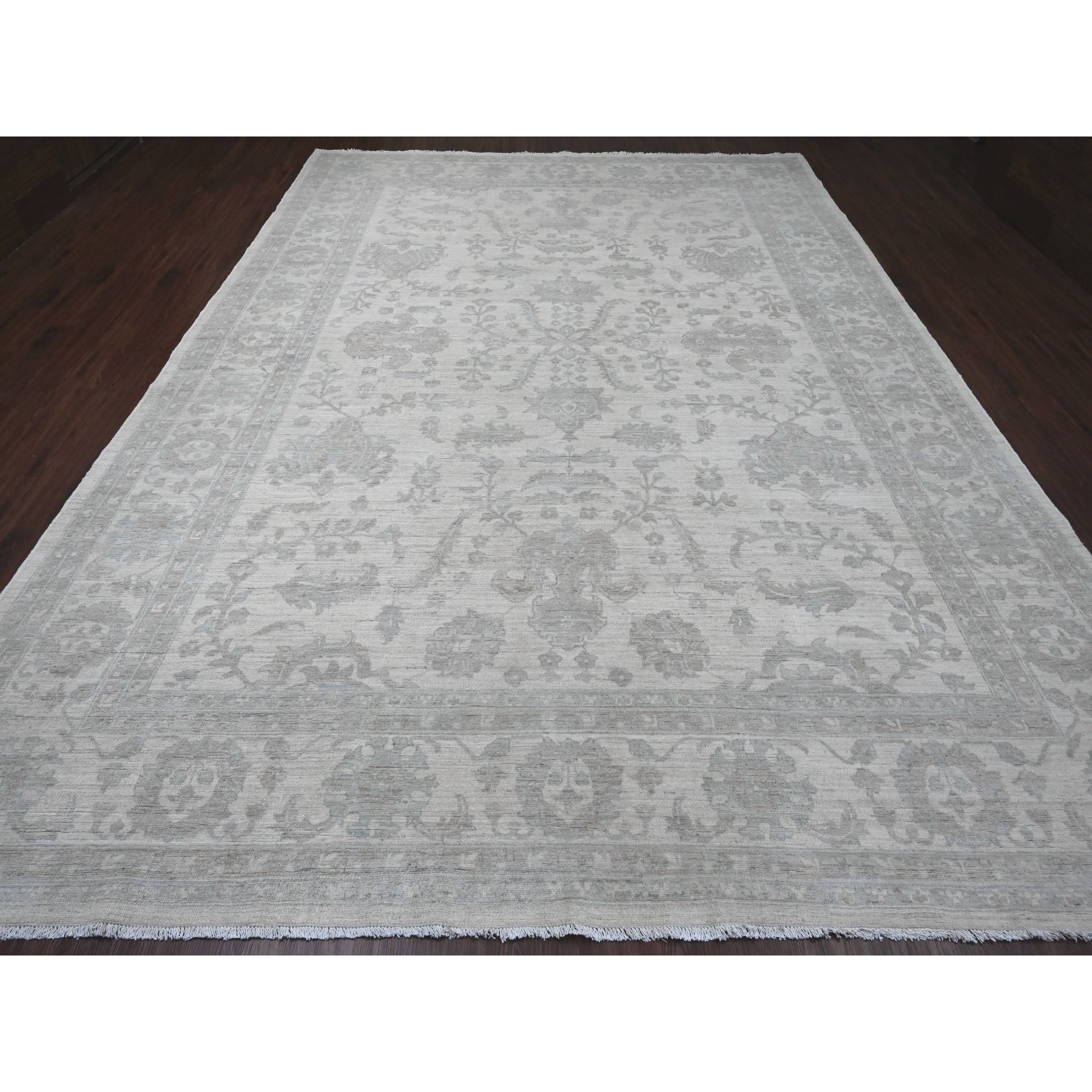10'x13'8" Cotton White, Washed Out Peshawar with All Over Pattern, Natural Dyes, 100% Wool, Hand Knotted, Oriental Rug Sh20185