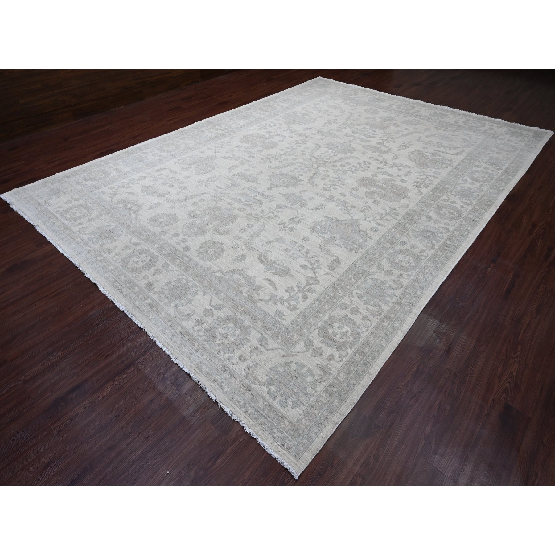 10'x13'8" Cotton White, Washed Out Peshawar with All Over Pattern, Natural Dyes, 100% Wool, Hand Knotted, Oriental Rug Sh20185