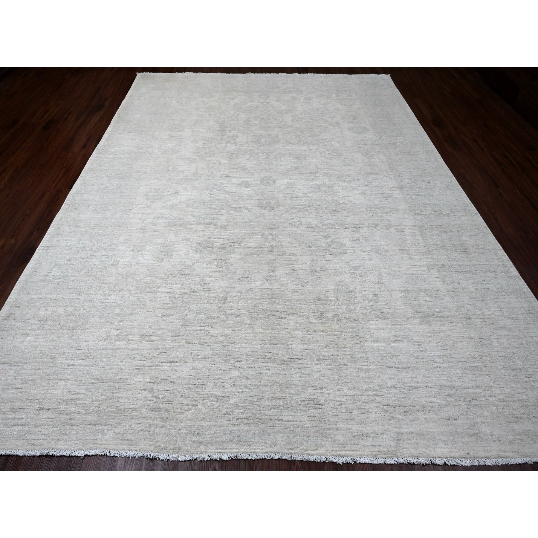 8'9"x11'5" Bone White, 100% Wool, Stone Washed Peshawar with Faded Out Leaf Design, Hand Knotted, Veggie Dyes, Oriental Rug Sh20186