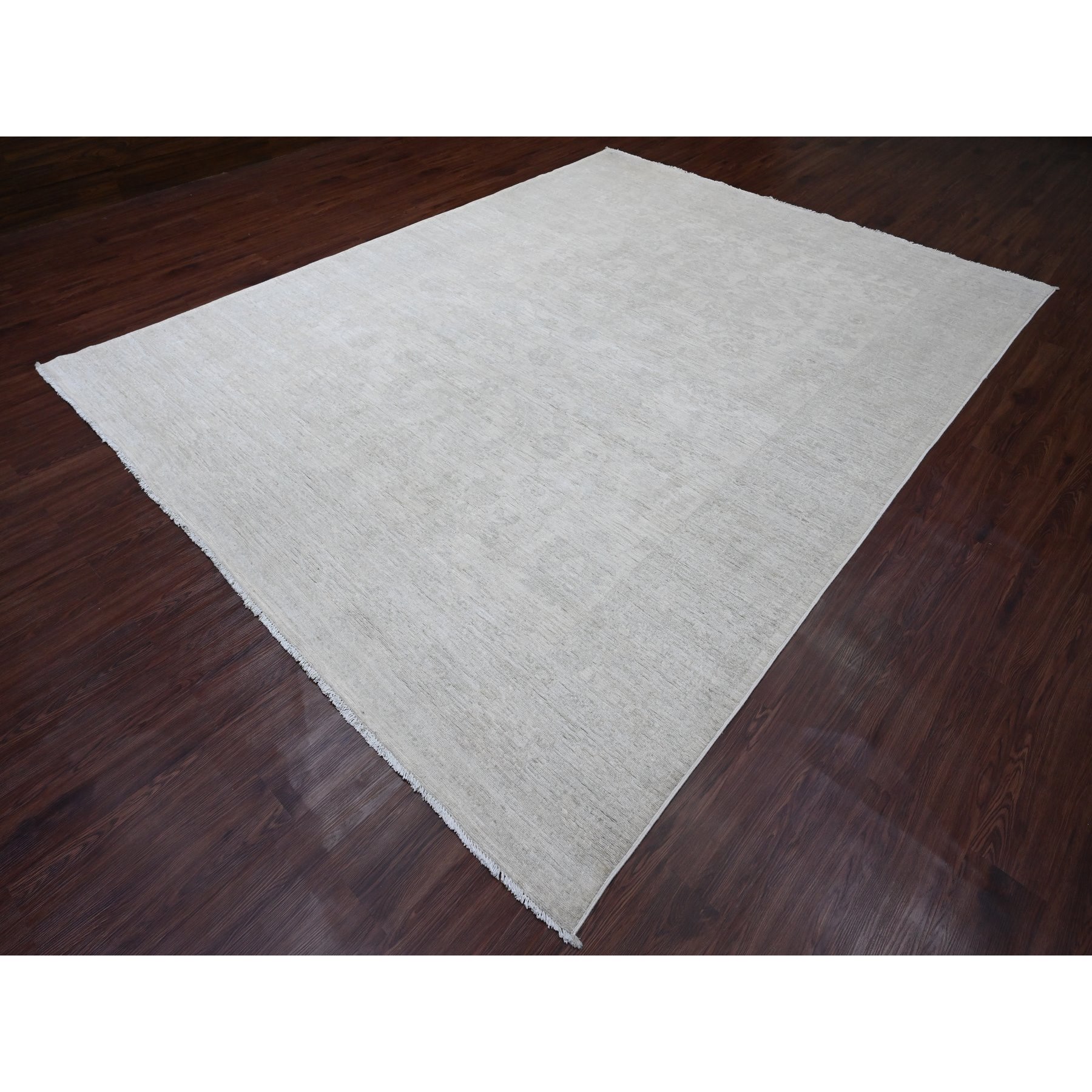 8'9"x11'5" Bone White, 100% Wool, Stone Washed Peshawar with Faded Out Leaf Design, Hand Knotted, Veggie Dyes, Oriental Rug Sh20186