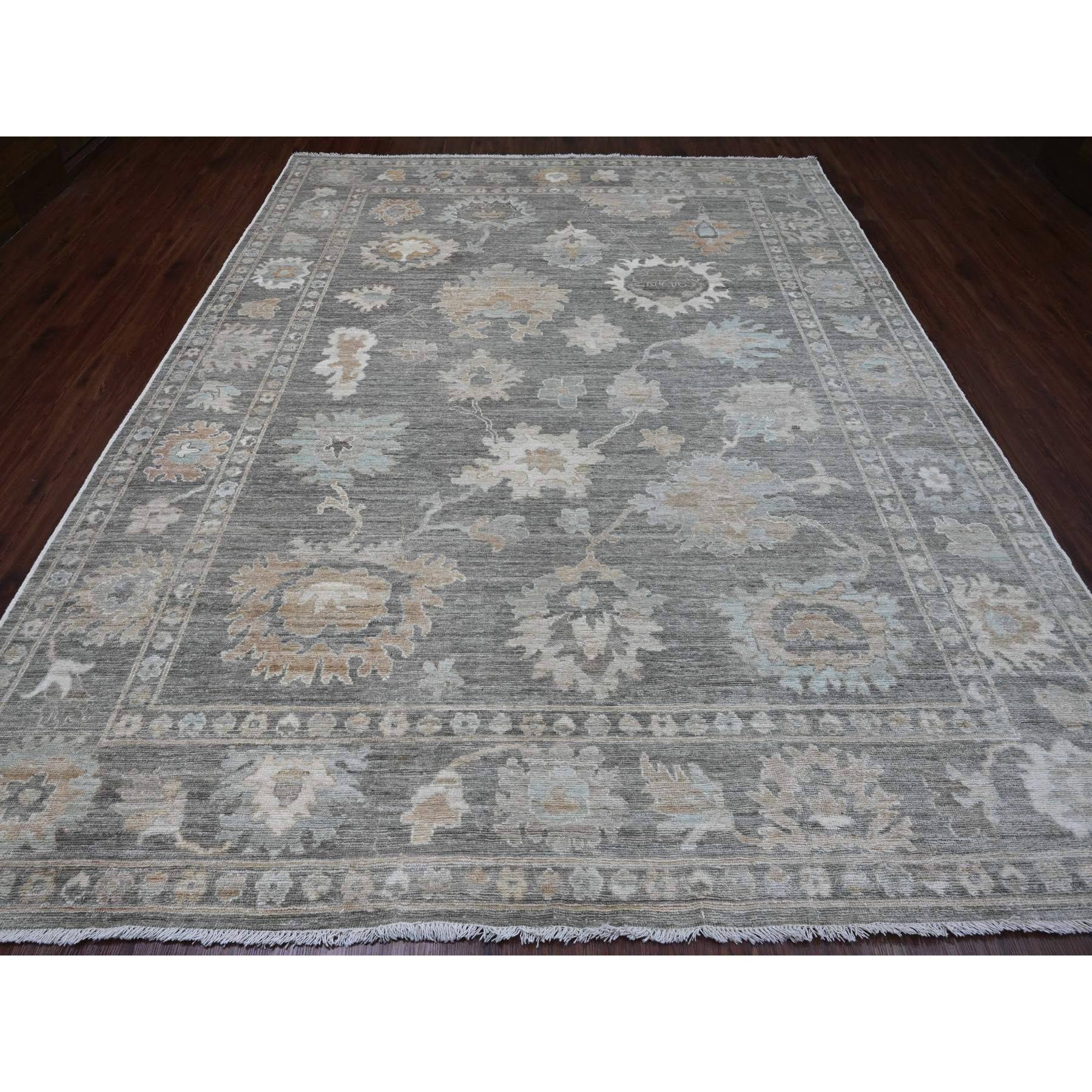 9'2"x11'8" Dim Gray, Afghan Angora Oushak with All Over Leaf Design, Natural Dyes, Hand Knotted, 100% Wool, Oriental Rug Sh20189