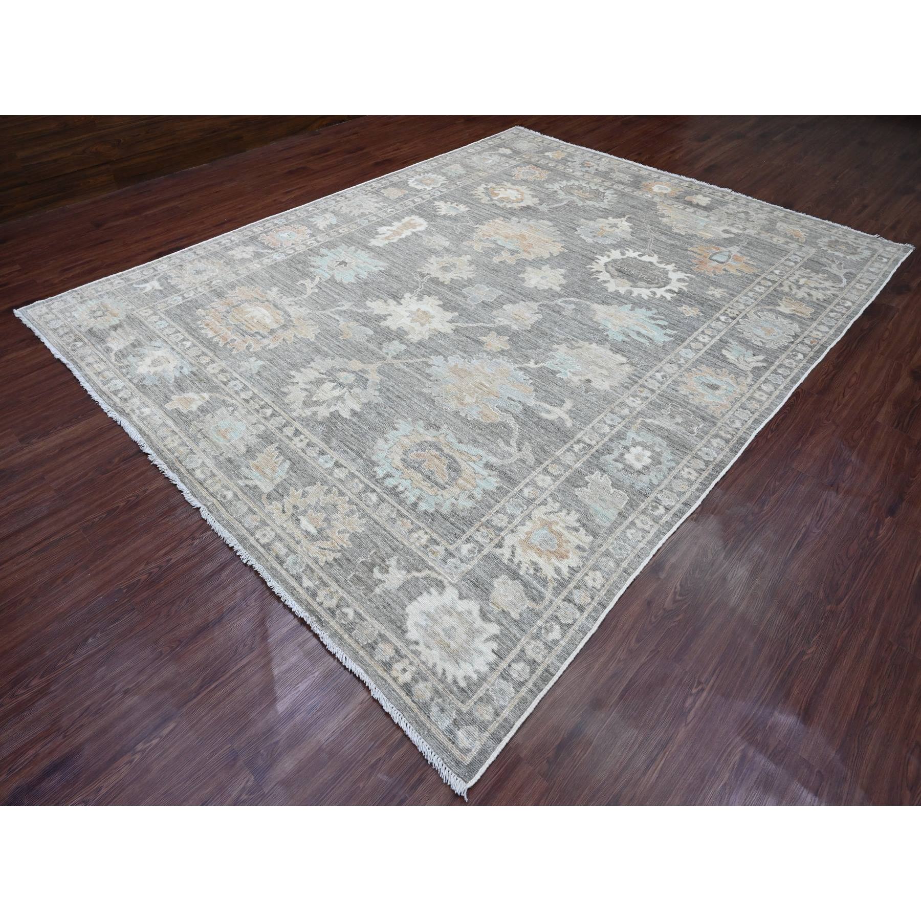 9'2"x11'8" Dim Gray, Afghan Angora Oushak with All Over Leaf Design, Natural Dyes, Hand Knotted, 100% Wool, Oriental Rug Sh20189