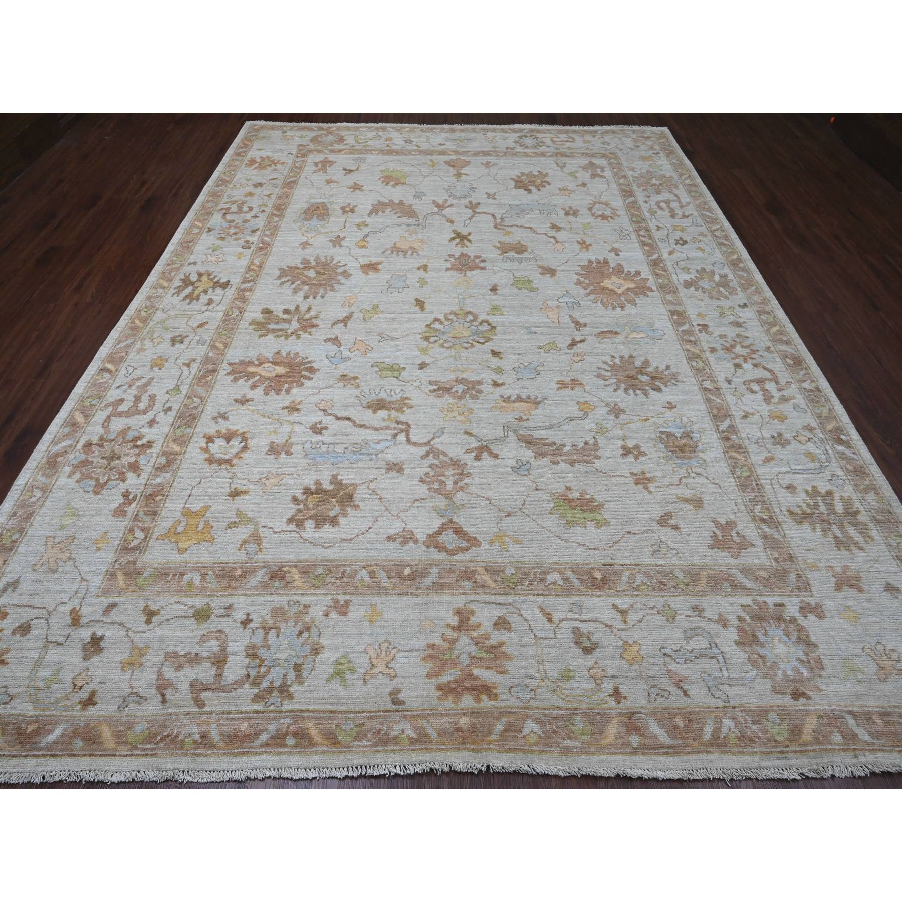 9'2"x12' Bone White, Afghan Angora Oushak with All Over Leaf Design, Hand Knotted, 100% Wool, Veggie Dyes, Oriental Rug Sh20193