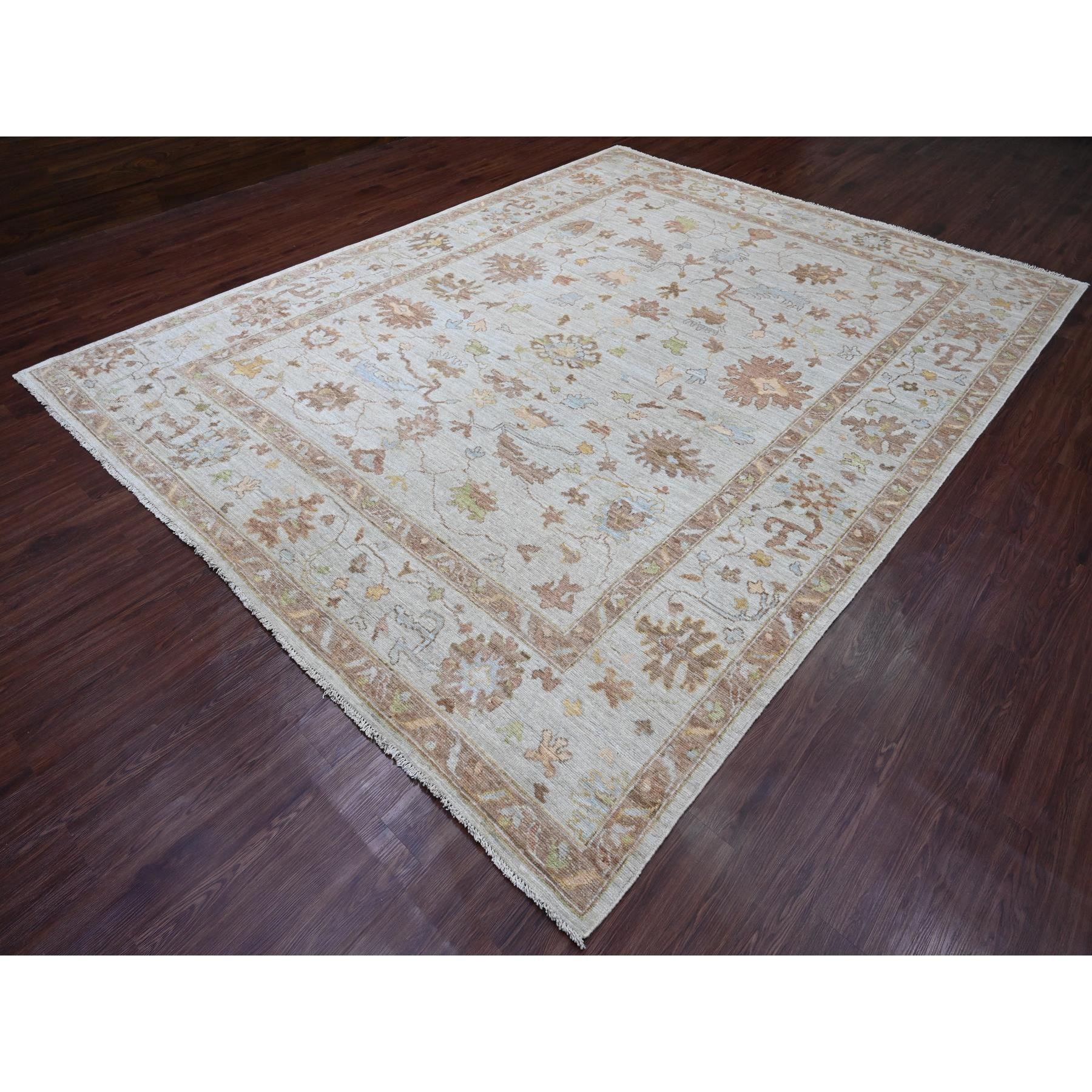 9'2"x12' Bone White, Afghan Angora Oushak with All Over Leaf Design, Hand Knotted, 100% Wool, Veggie Dyes, Oriental Rug Sh20193