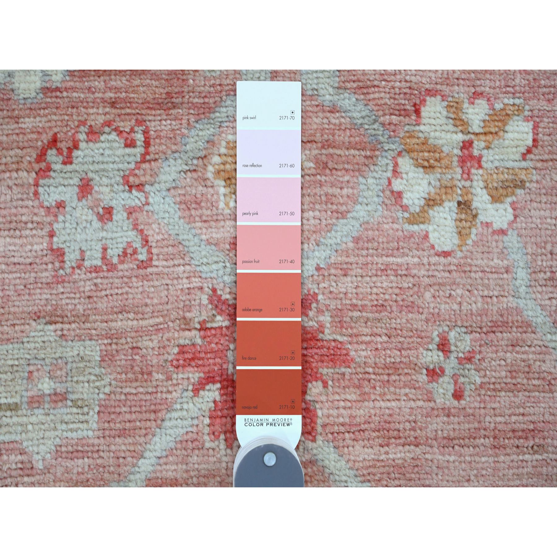 6'2"x9'1" Flamingo Pink, Afghan Angora Oushak with All Over Leaf Pattern, Hand Knotted, Natural Dyes, 100% Wool, Oriental Rug Sh20201
