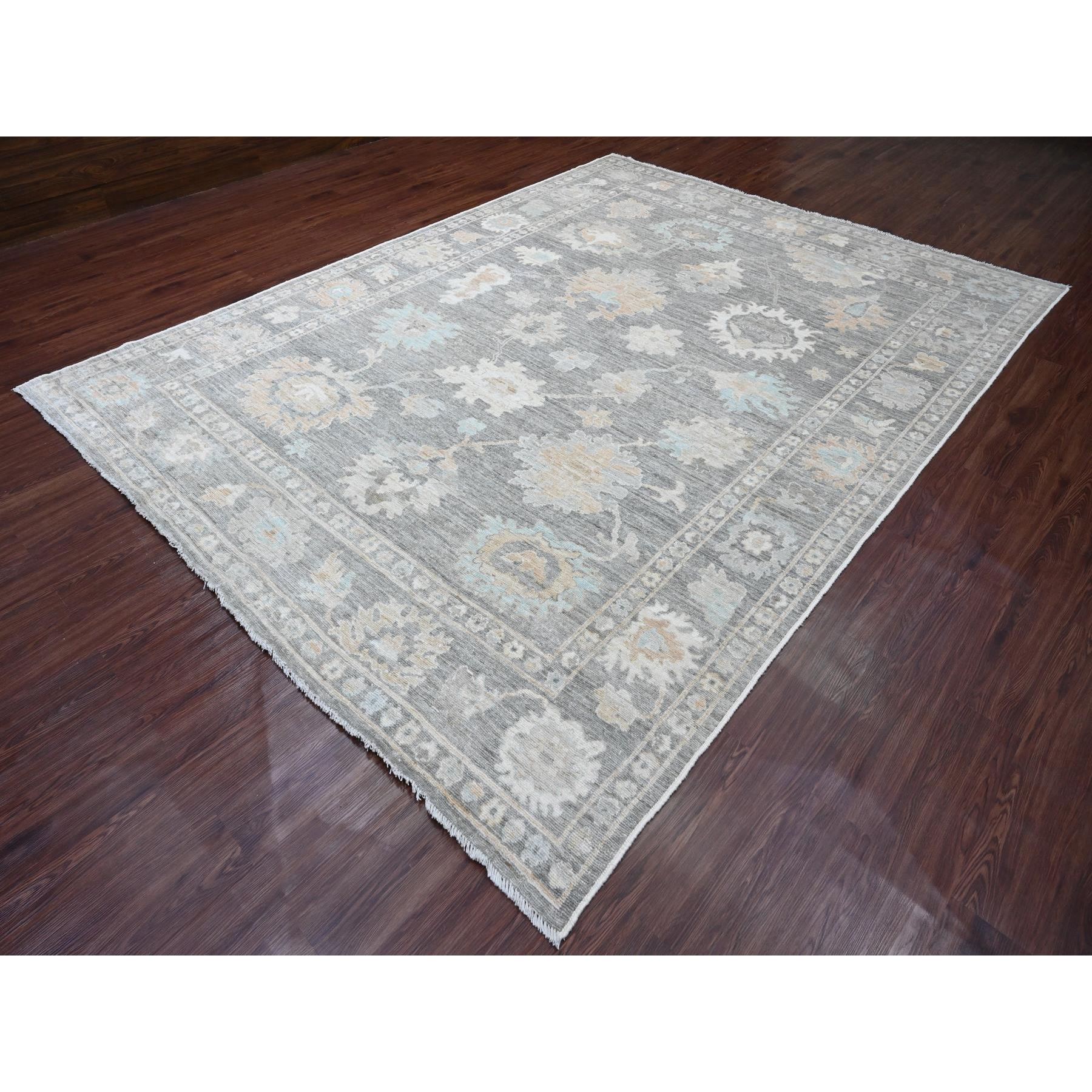 8'10"x11'10" Nevada Gray, Afghan Angora Oushak with Floral Pattern, Hand Knotted, Natural Dyes, 100% Wool, Oriental Rug Sh20205