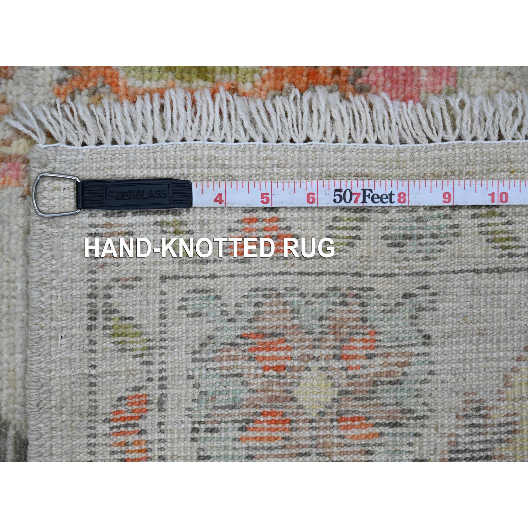 4'x5'9" Chiffon White, Afghan Angora Oushak with Colorful Leaf Pattern, Hand Knotted, Vegetable Dyes, 100% Wool, Oriental Rug Sh20209