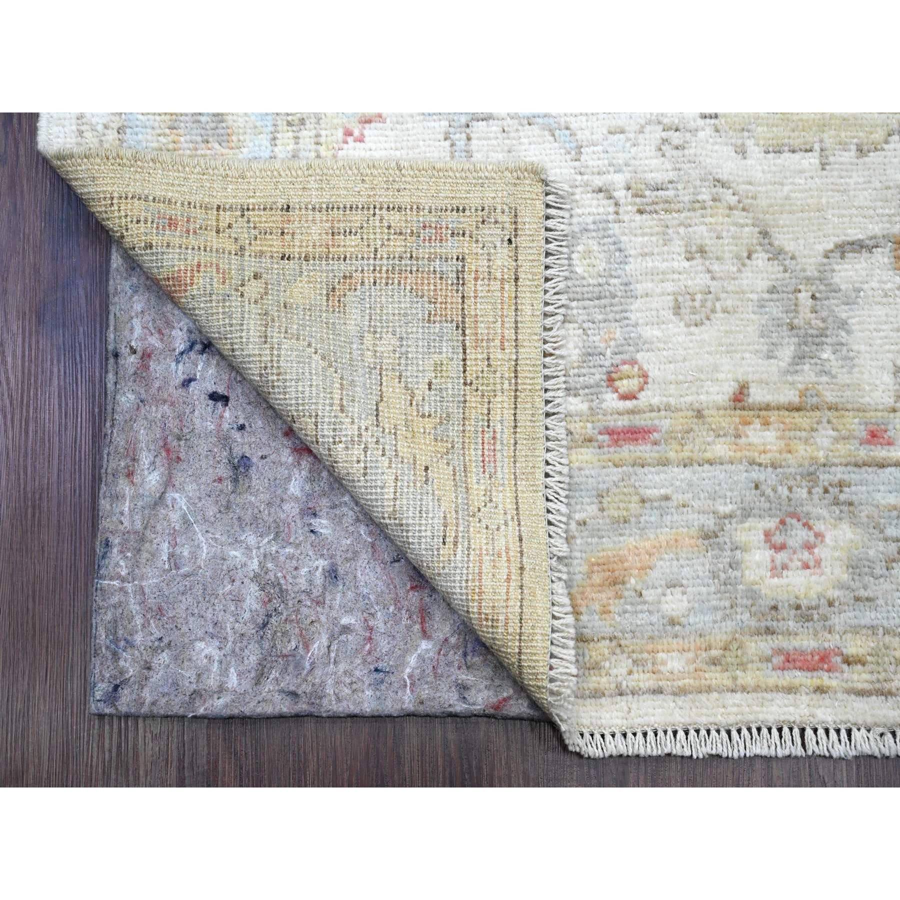 4'x15'10" Pearl White, Afghan Angora Oushak with Colorful Leaf Design, Veggie Dyes, Hand Knotted, 100% Wool, XL Runner, Oriental Rug Sh20210
