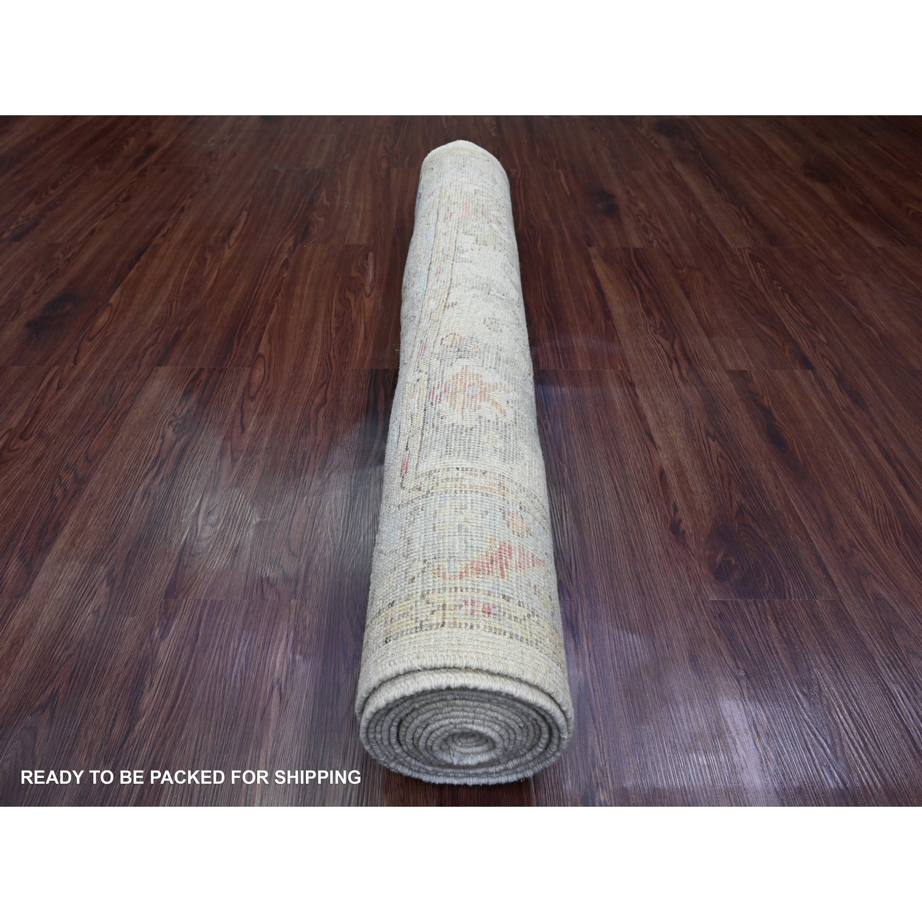 4'x15'10" Pearl White, Afghan Angora Oushak with Colorful Leaf Design, Veggie Dyes, Hand Knotted, 100% Wool, XL Runner, Oriental Rug Sh20210