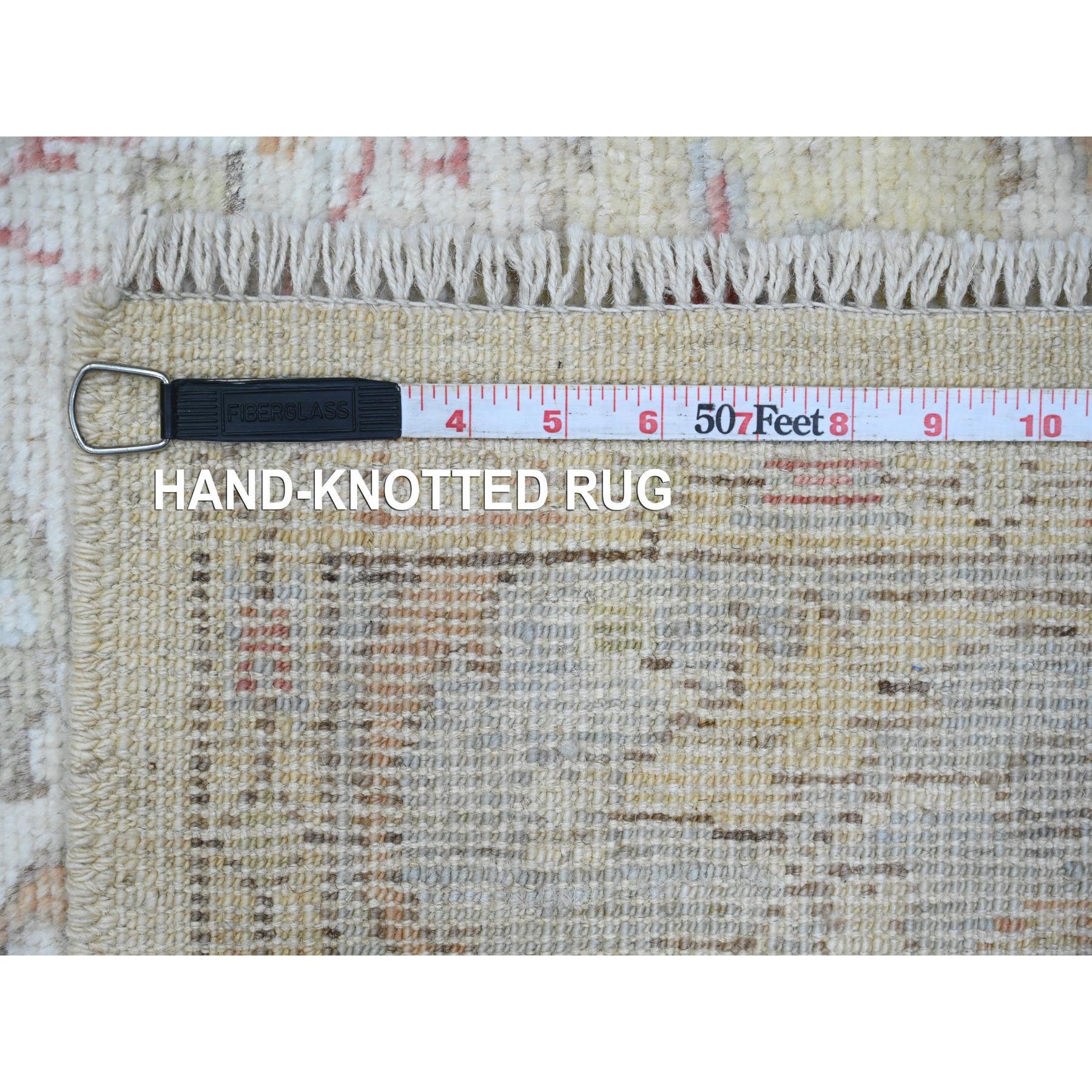 4'x15'10" Pearl White, Afghan Angora Oushak with Colorful Leaf Design, Veggie Dyes, Hand Knotted, 100% Wool, XL Runner, Oriental Rug Sh20210