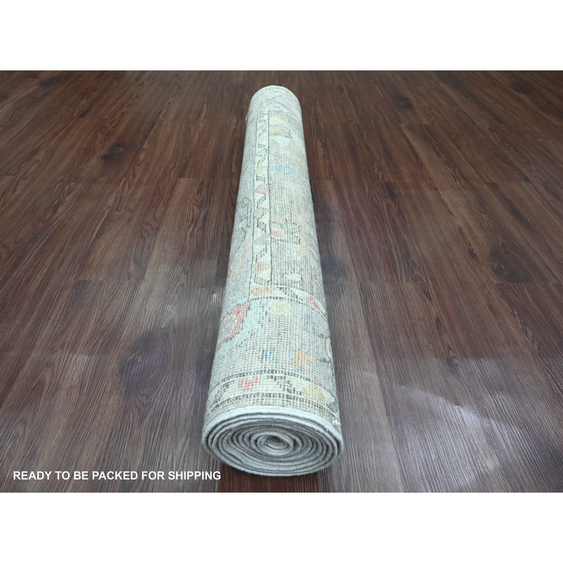 3'10"x12'1" Stone Gray, Hand Knotted, Afghan Angora Oushak with Soft Color Leaf Design, Veggie Dyes, 100% Wool, Runner, Oriental Rug Sh20211
